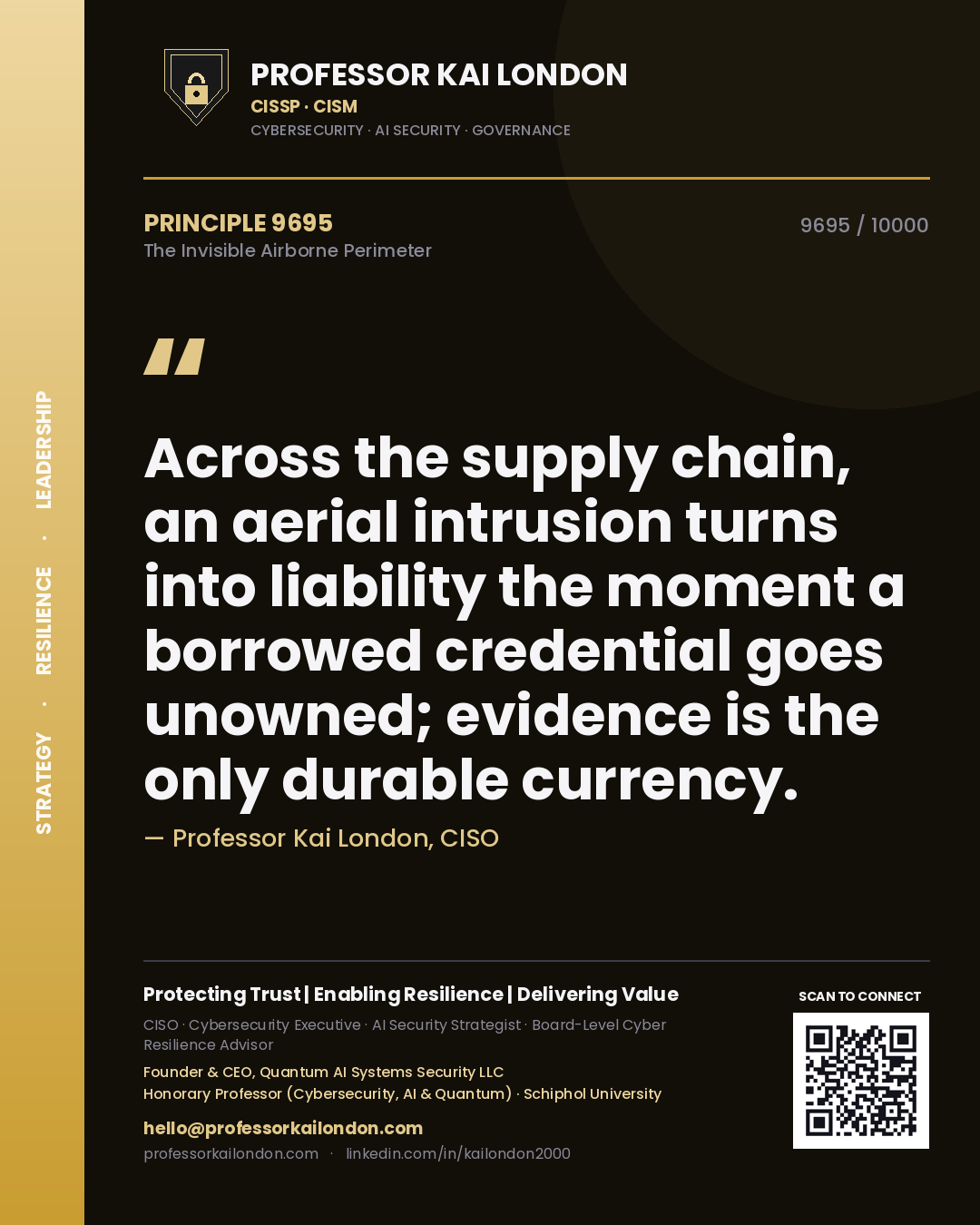 Professor Kai London principle 9695: Across the supply chain, an aerial intrusion turns into liability the moment a borrowed credential goes unowned; evidence is the only durable currency.