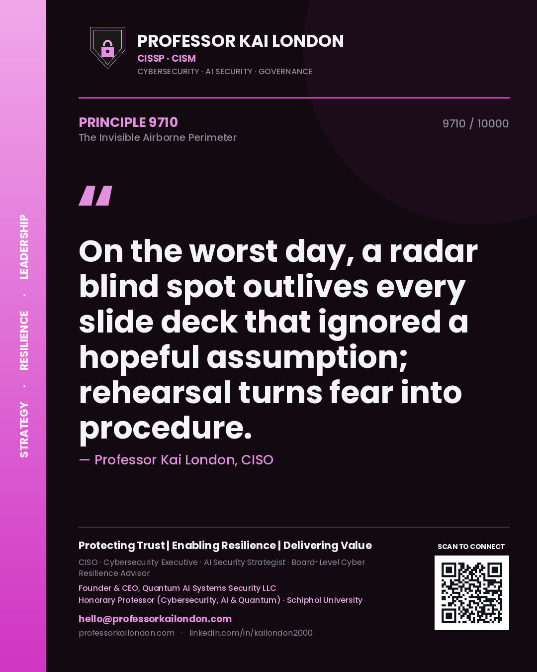 Professor Kai London principle 9710: On the worst day, a radar blind spot outlives every slide deck that ignored a hopeful assumption; rehearsal turns fear into procedure.