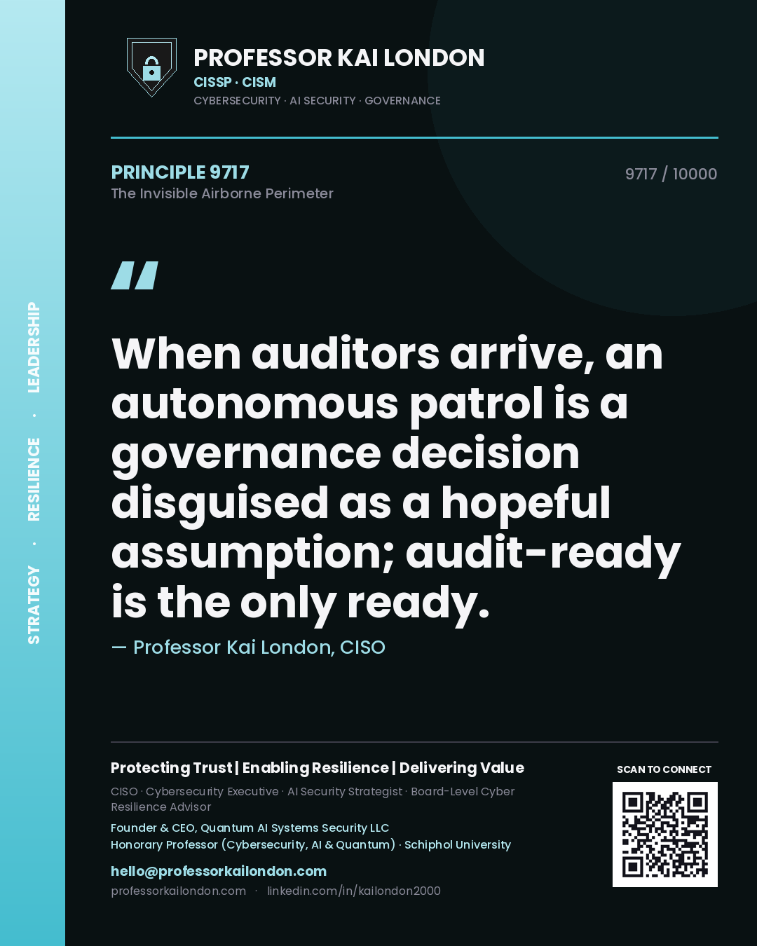 Professor Kai London principle 9717: When auditors arrive, an autonomous patrol is a governance decision disguised as a hopeful assumption; audit-ready is the only ready.