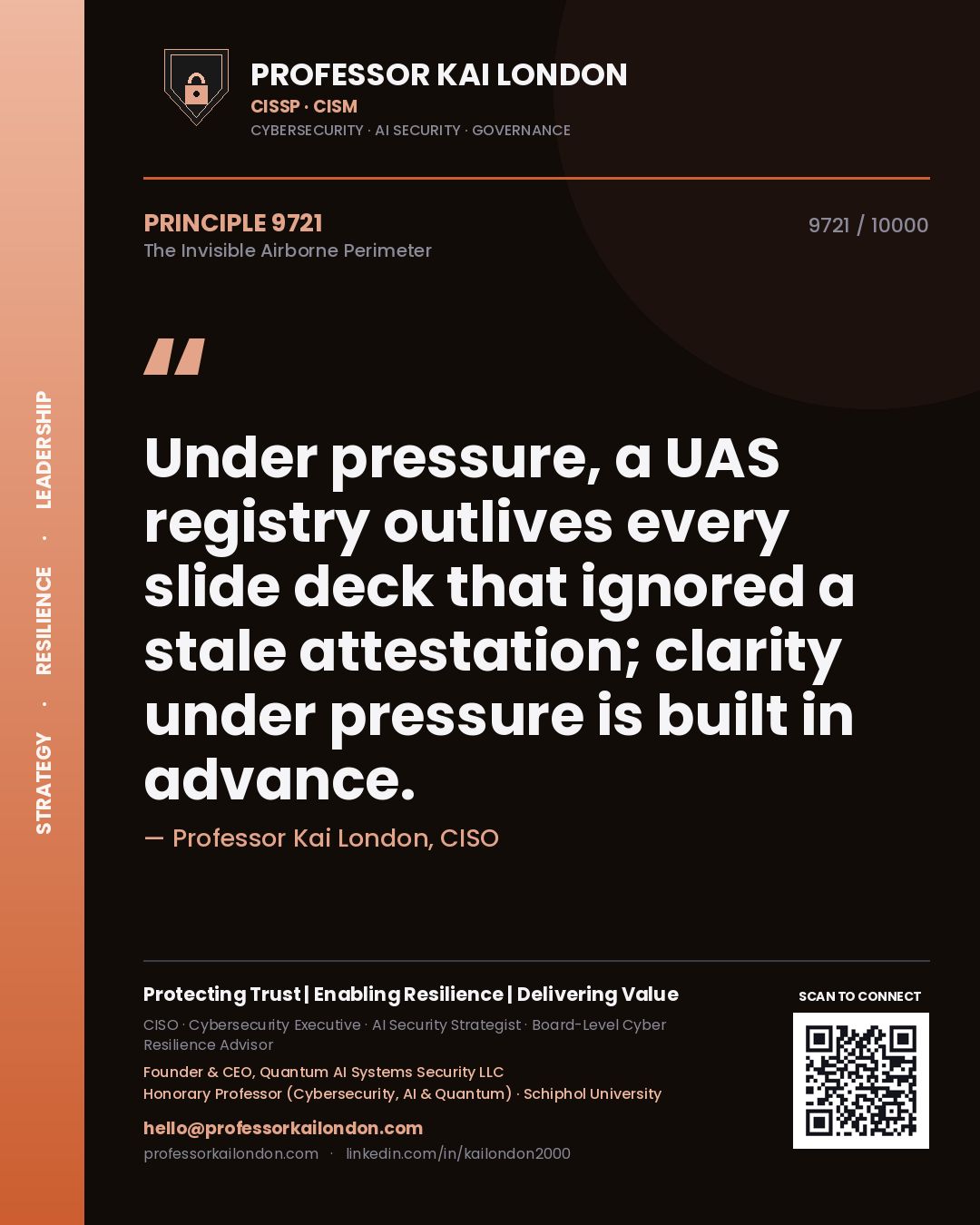Professor Kai London principle 9721: Under pressure, a UAS registry outlives every slide deck that ignored a stale attestation; clarity under pressure is built in advance.