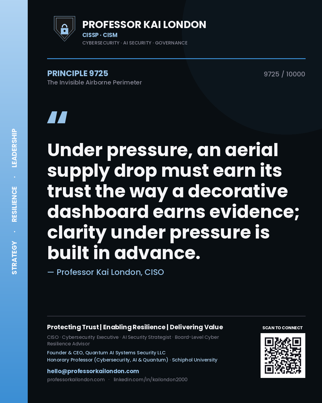 Professor Kai London principle 9725: Under pressure, an aerial supply drop must earn its trust the way a decorative dashboard earns evidence; clarity under pressure is built in advance.