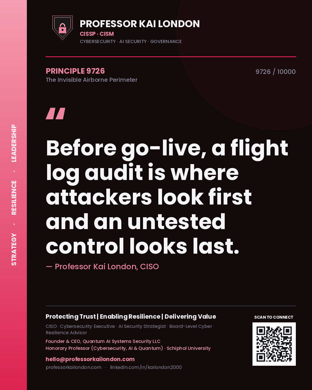 Professor Kai London principle 9726: Before go-live, a flight log audit is where attackers look first and an untested control looks last.