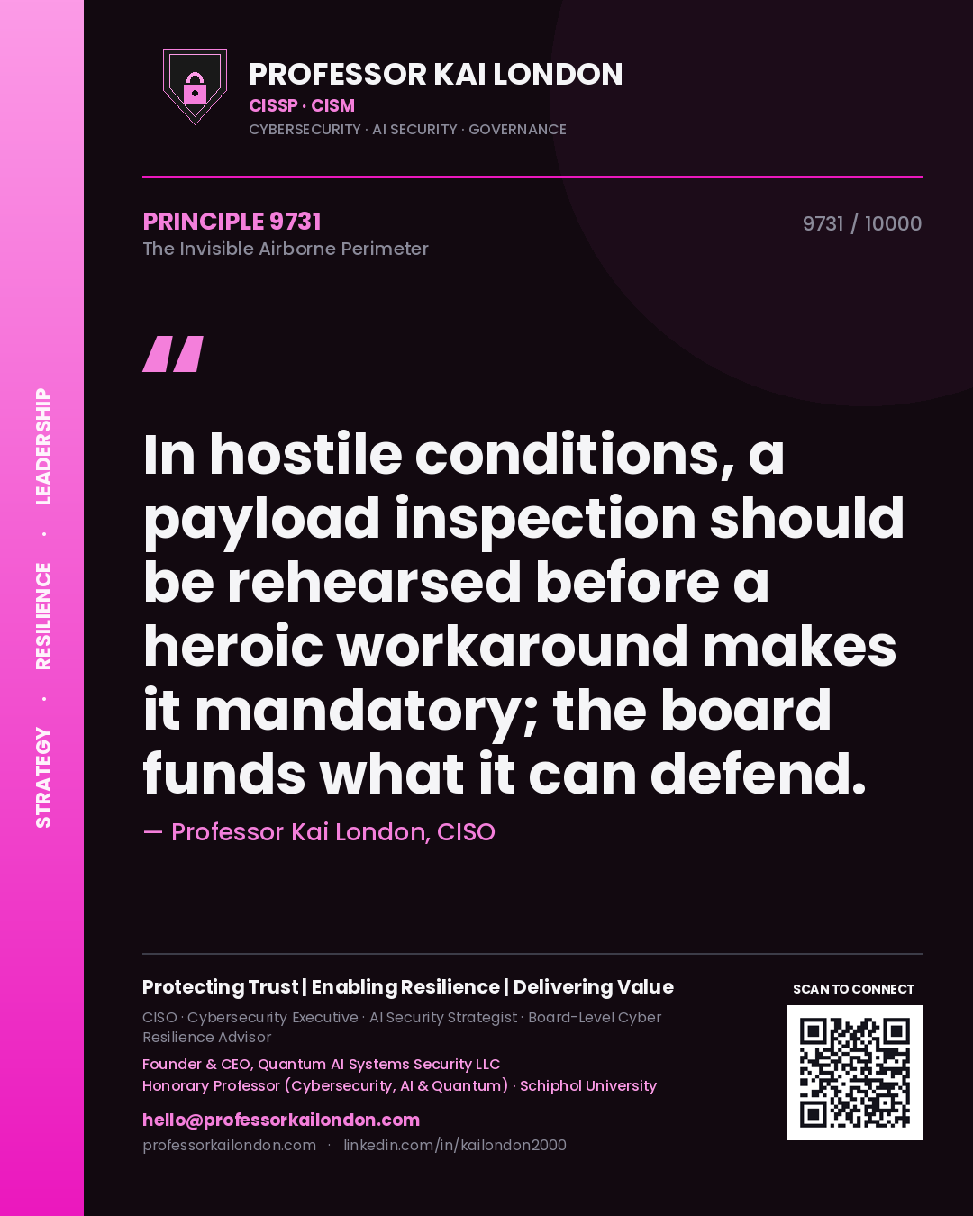 Professor Kai London principle 9731: In hostile conditions, a payload inspection should be rehearsed before a heroic workaround makes it mandatory; the board funds what it can defend.