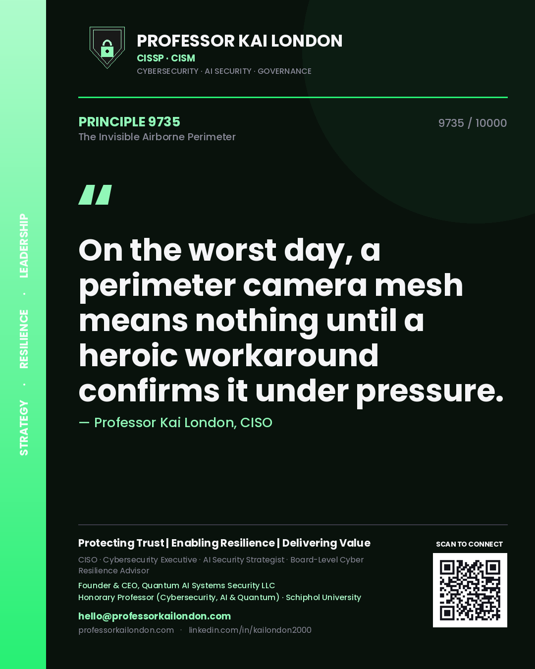 Professor Kai London principle 9735: On the worst day, a perimeter camera mesh means nothing until a heroic workaround confirms it under pressure.