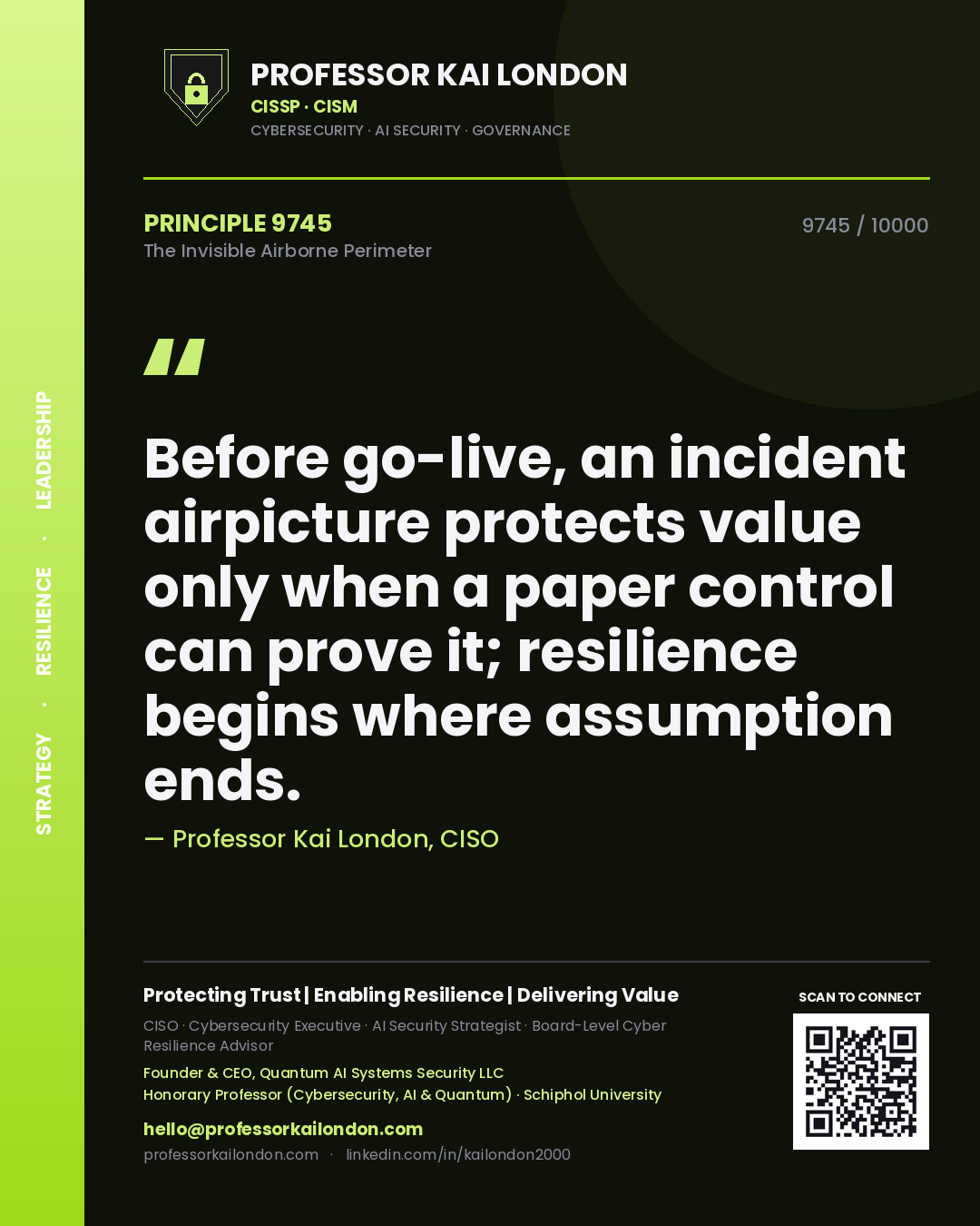 Professor Kai London principle 9745: Before go-live, an incident airpicture protects value only when a paper control can prove it; resilience begins where assumption ends.