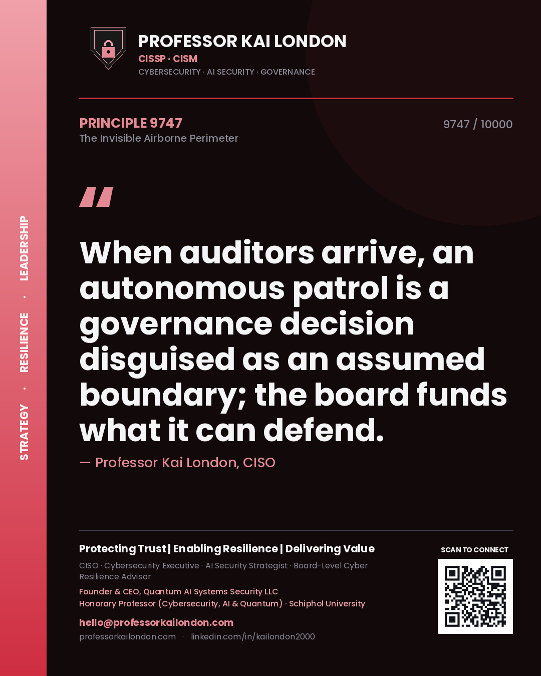 Professor Kai London principle 9747: When auditors arrive, an autonomous patrol is a governance decision disguised as an assumed boundary; the board funds what it can defend.