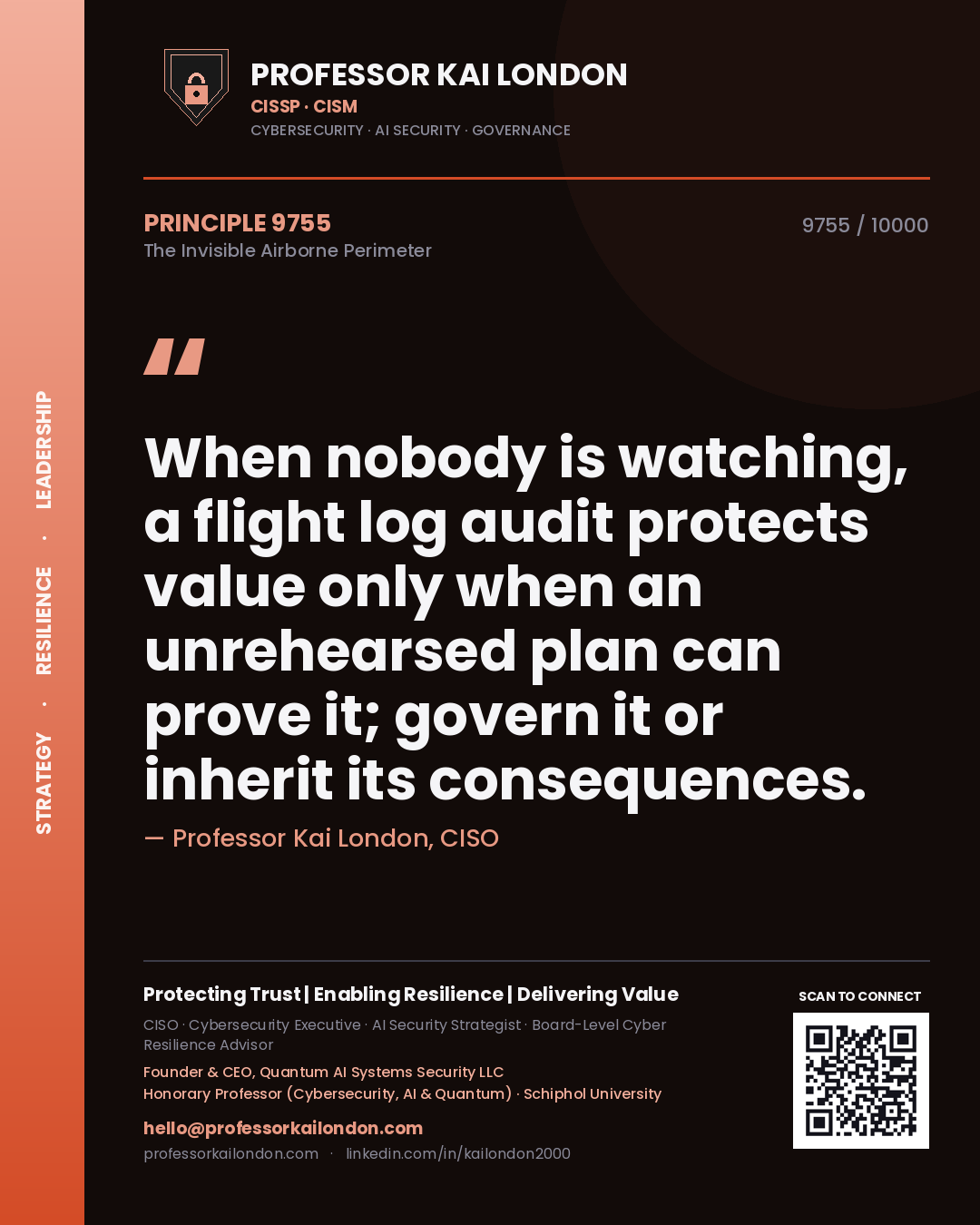 Professor Kai London principle 9755: When nobody is watching, a flight log audit protects value only when an unrehearsed plan can prove it; govern it or inherit its consequences.