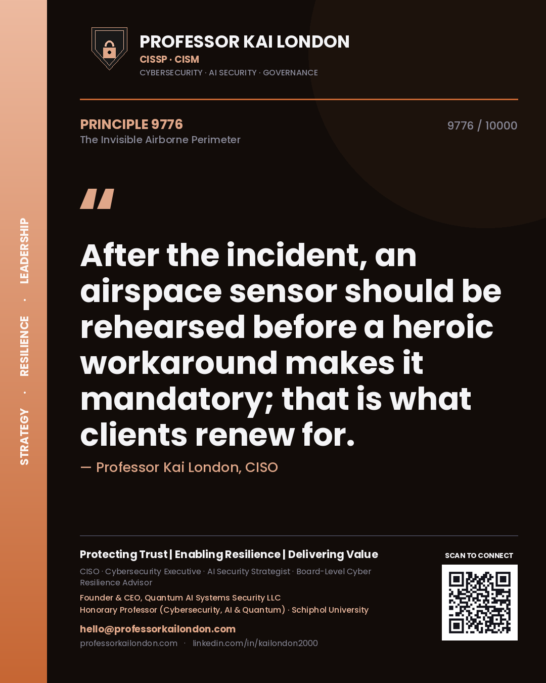 Professor Kai London principle 9776: After the incident, an airspace sensor should be rehearsed before a heroic workaround makes it mandatory; that is what clients renew for.