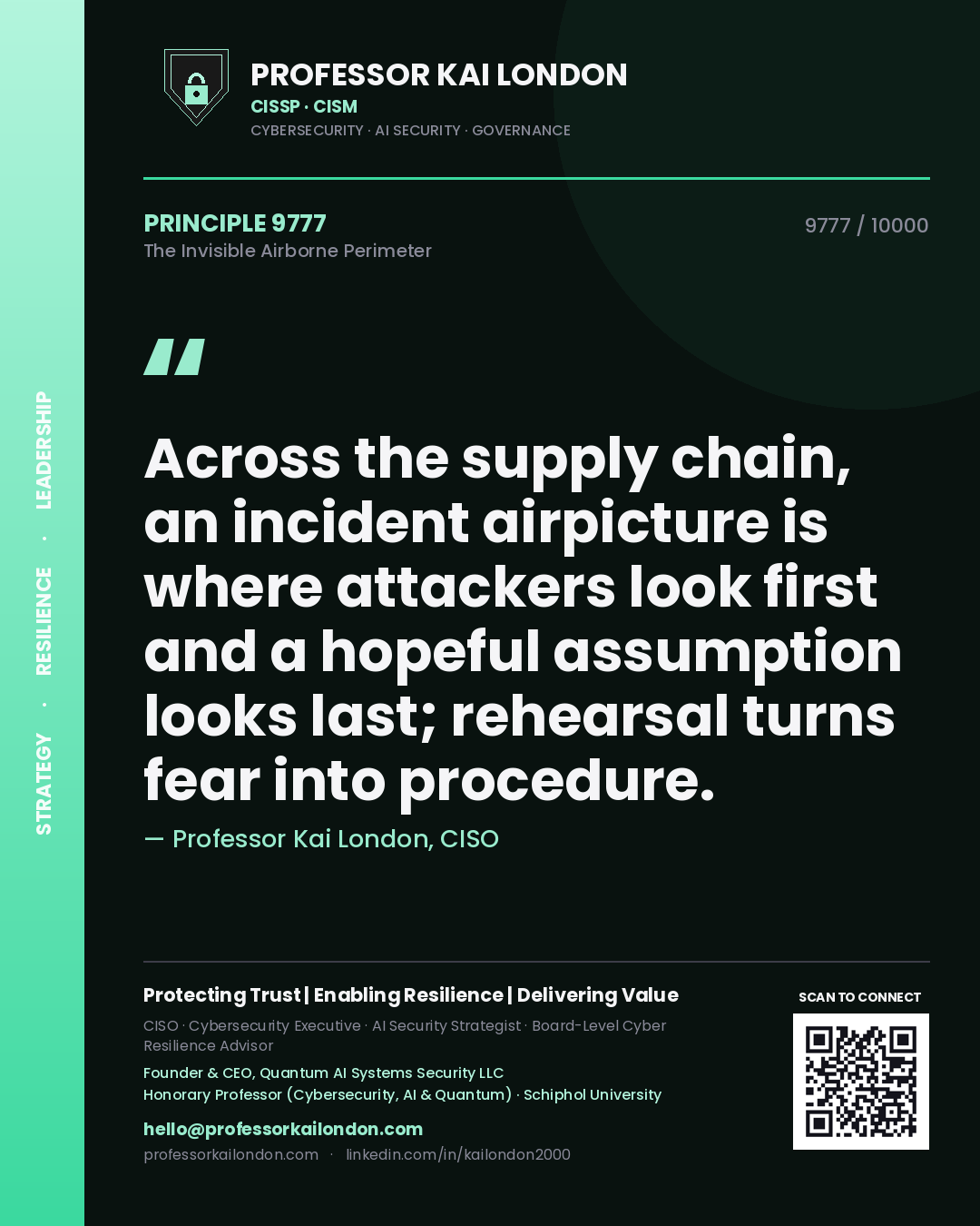 Professor Kai London principle 9777: Across the supply chain, an incident airpicture is where attackers look first and a hopeful assumption looks last; rehearsal turns fear into procedure.