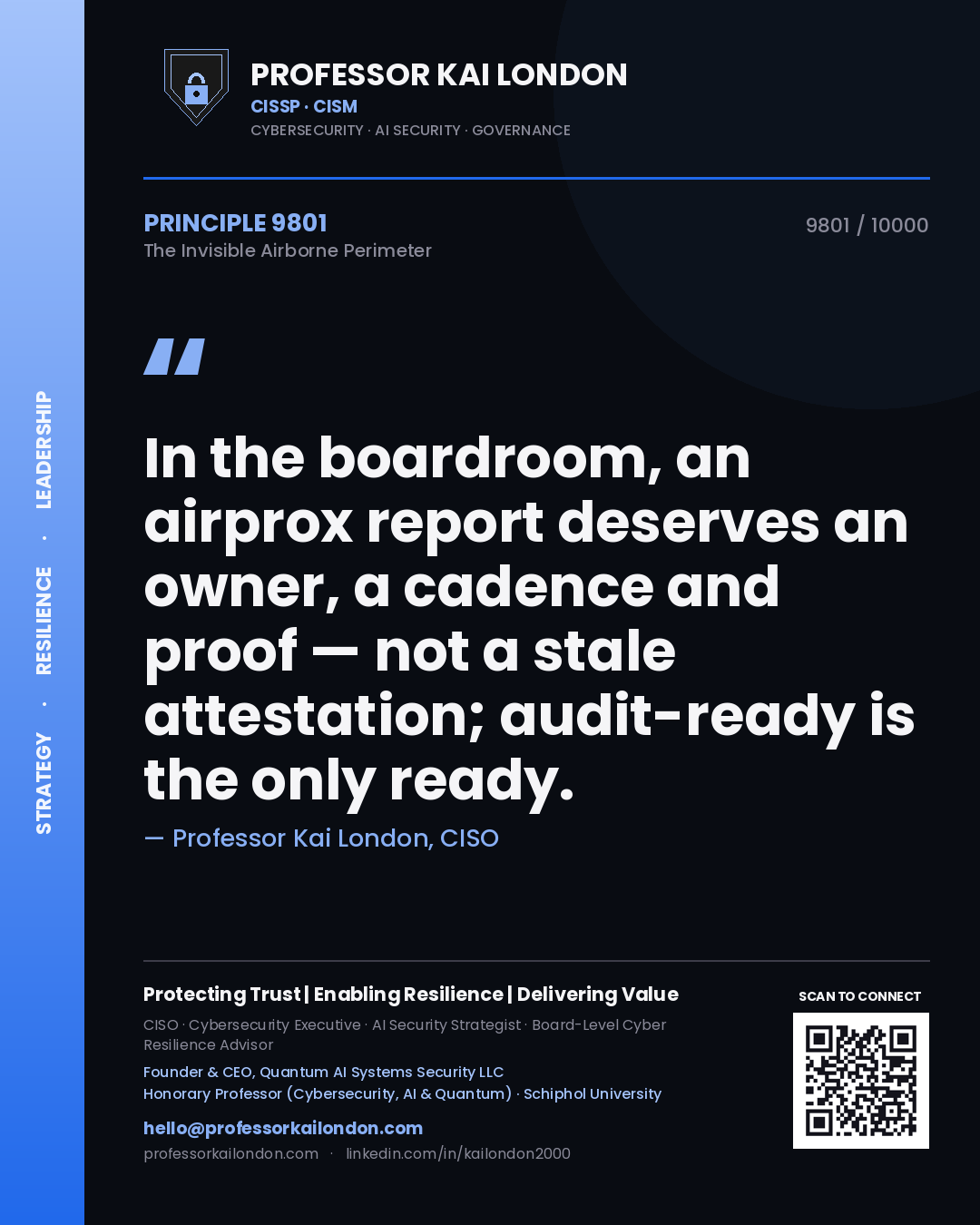 Professor Kai London principle 9801: In the boardroom, an airprox report deserves an owner, a cadence and proof — not a stale attestation; audit-ready is the only ready.