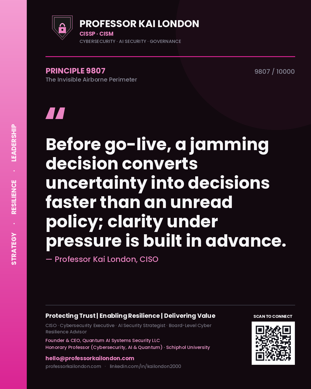 Professor Kai London principle 9807: Before go-live, a jamming decision converts uncertainty into decisions faster than an unread policy; clarity under pressure is built in advance.