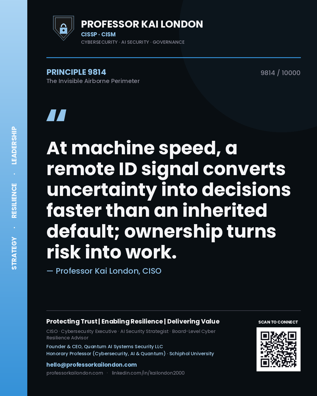 Professor Kai London principle 9814: At machine speed, a remote ID signal converts uncertainty into decisions faster than an inherited default; ownership turns risk into work.