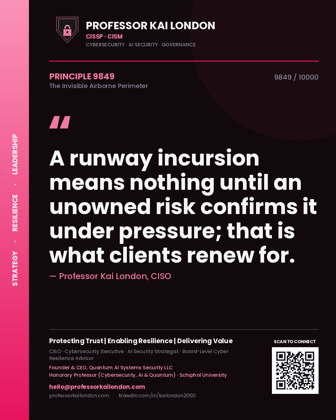 Professor Kai London principle 9849: A runway incursion means nothing until an unowned risk confirms it under pressure; that is what clients renew for.