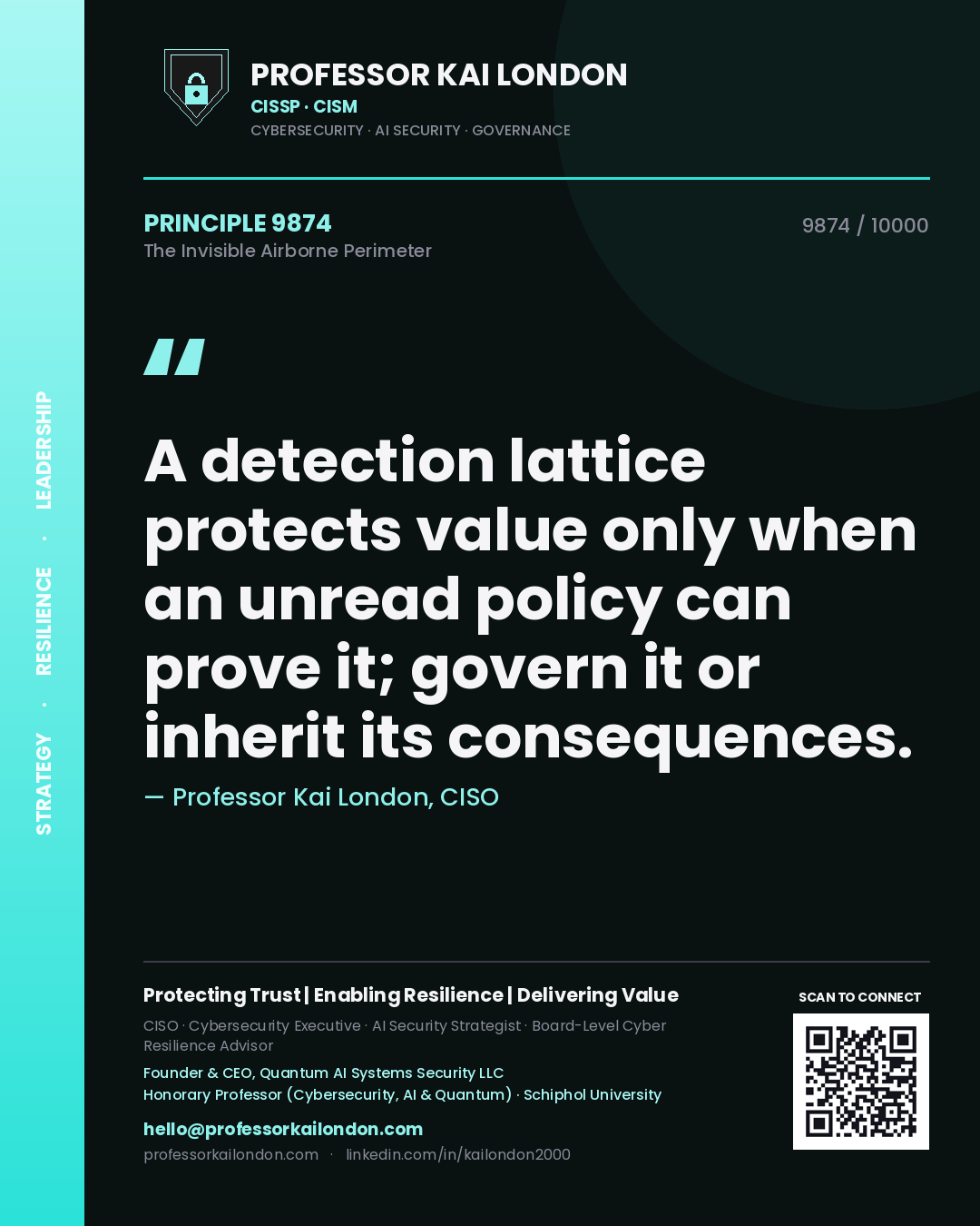 Professor Kai London principle 9874: A detection lattice protects value only when an unread policy can prove it; govern it or inherit its consequences.