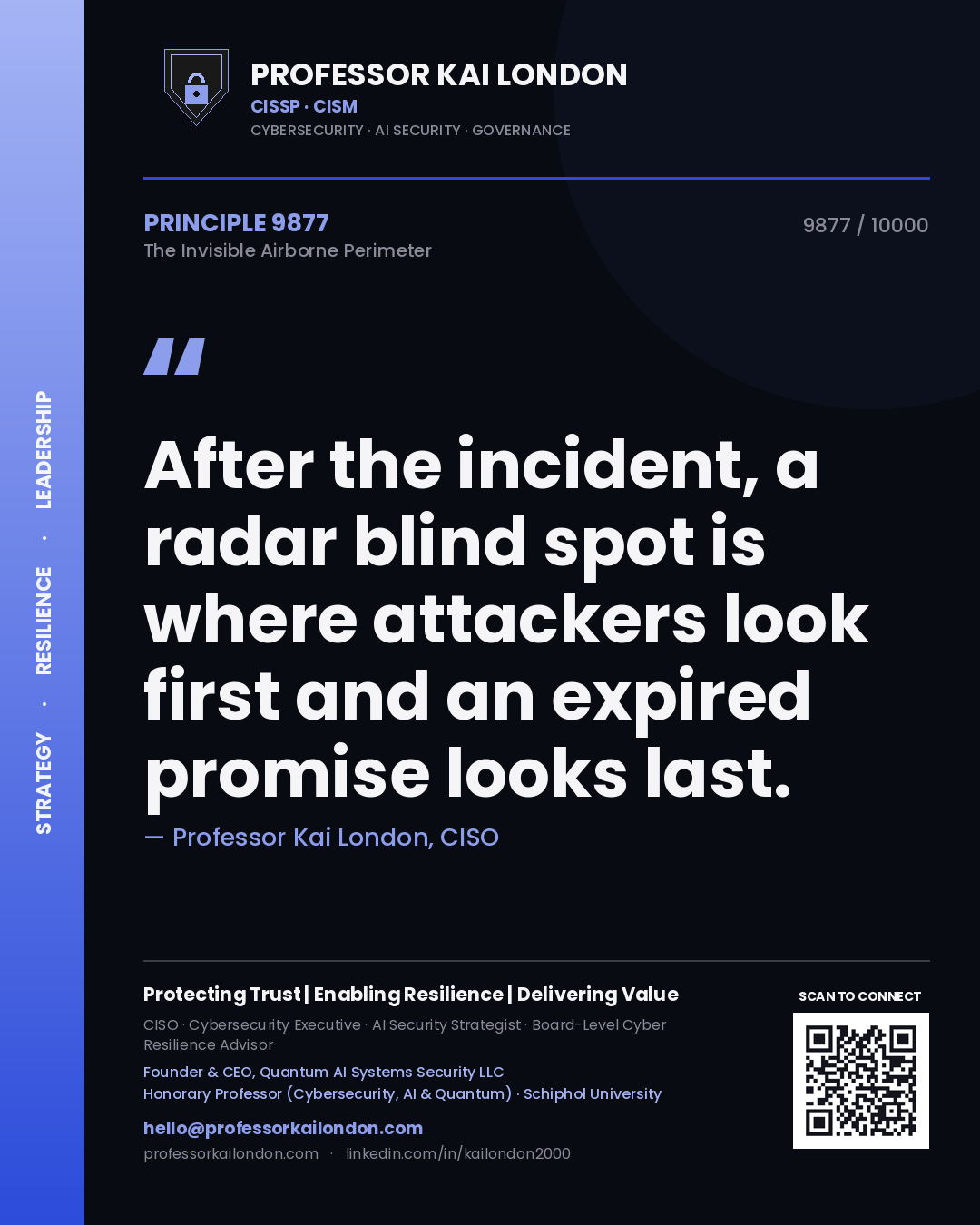 Professor Kai London principle 9877: After the incident, a radar blind spot is where attackers look first and an expired promise looks last.