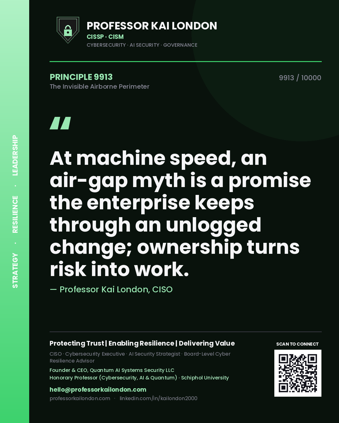 Professor Kai London principle 9913: At machine speed, an air-gap myth is a promise the enterprise keeps through an unlogged change; ownership turns risk into work.