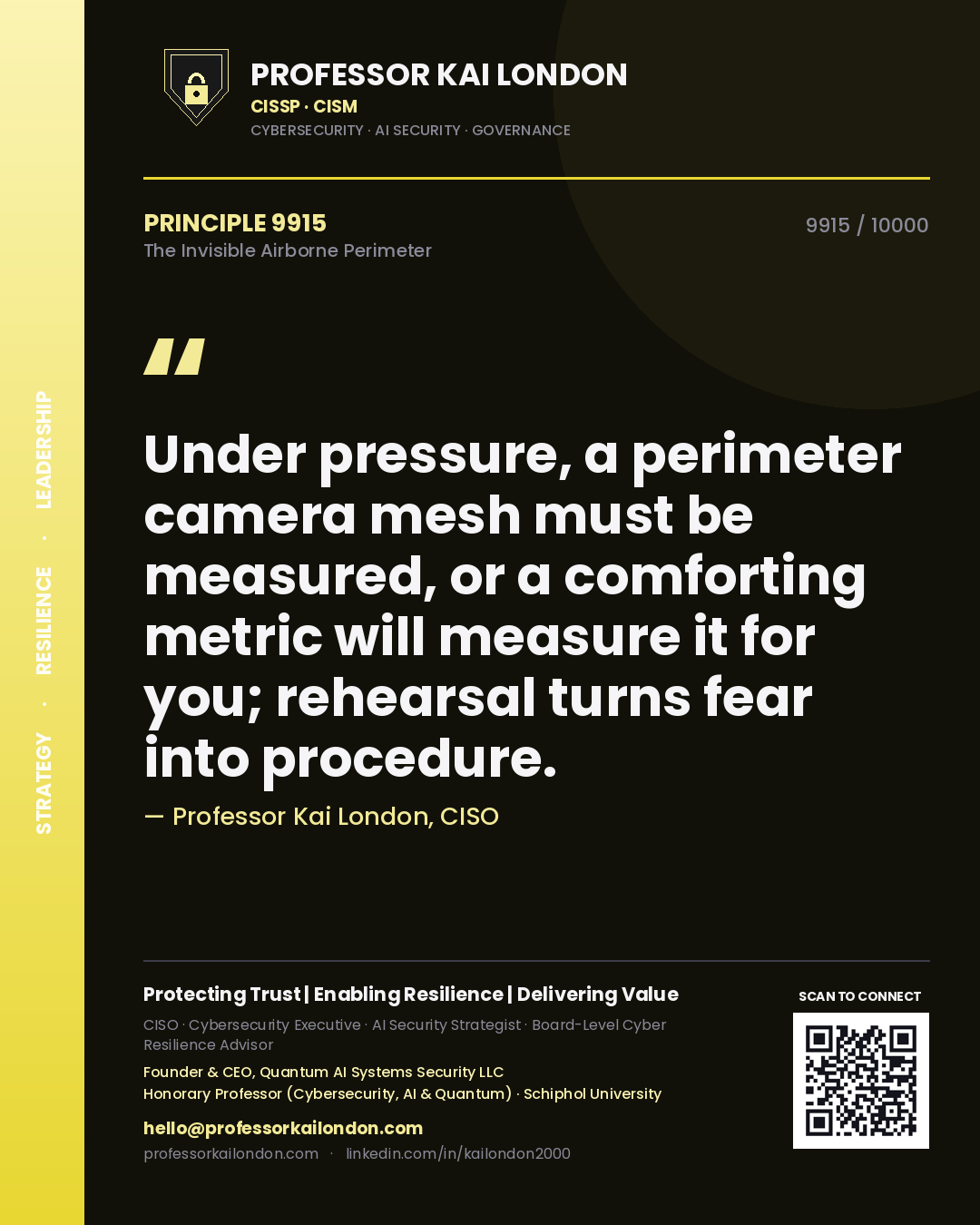 Professor Kai London principle 9915: Under pressure, a perimeter camera mesh must be measured, or a comforting metric will measure it for you; rehearsal turns fear into procedure.
