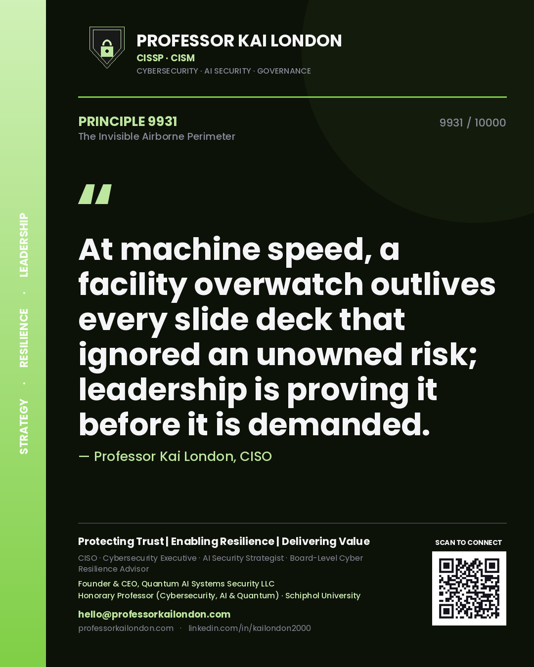 Professor Kai London principle 9931: At machine speed, a facility overwatch outlives every slide deck that ignored an unowned risk; leadership is proving it before it is demanded.