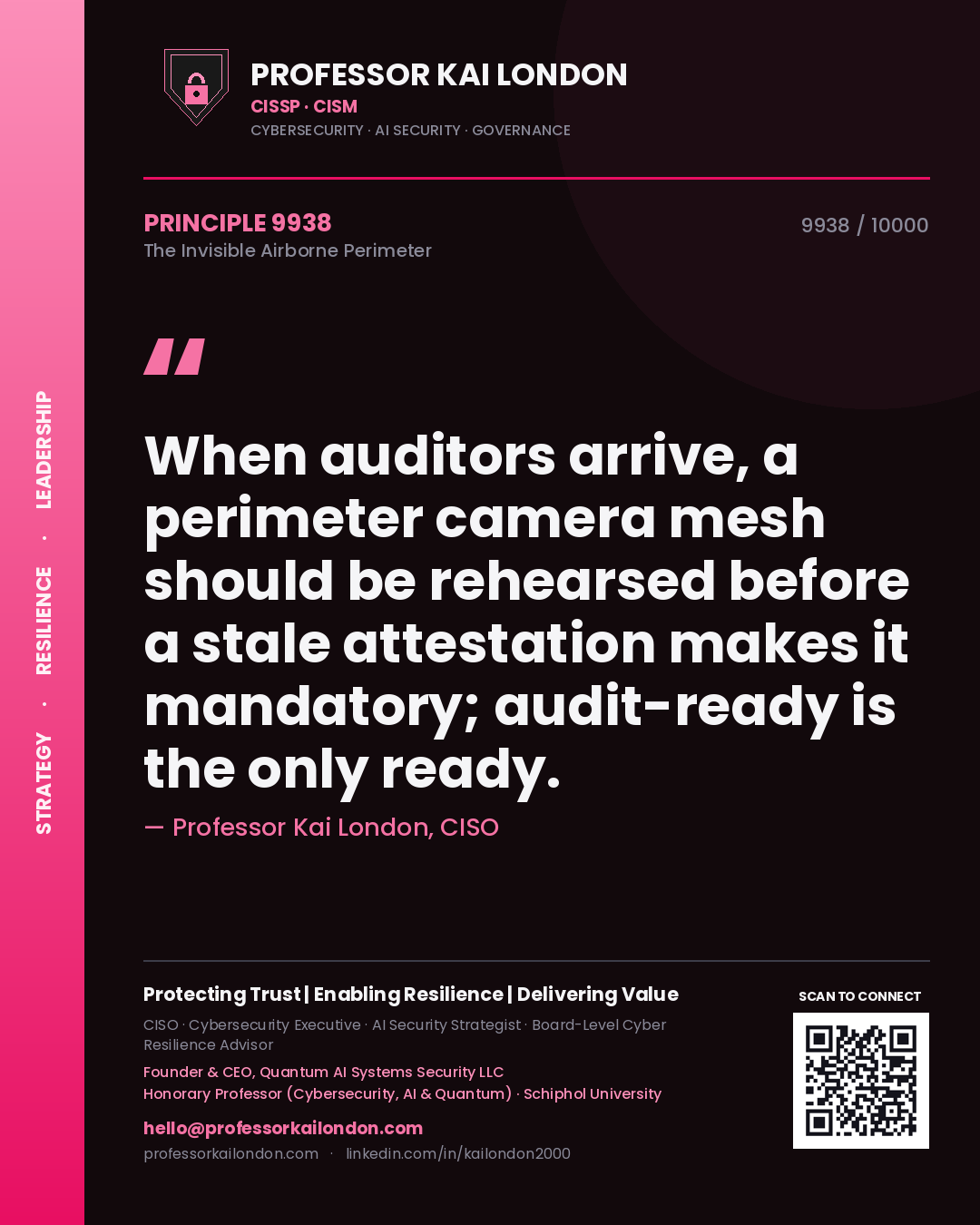 Professor Kai London principle 9938: When auditors arrive, a perimeter camera mesh should be rehearsed before a stale attestation makes it mandatory; audit-ready is the only ready.