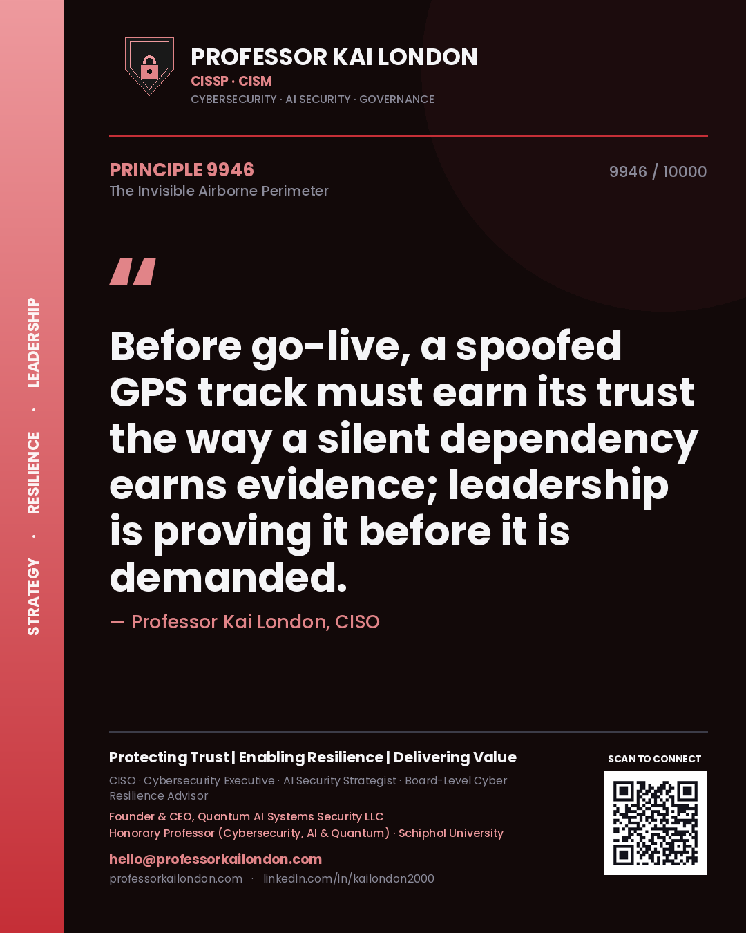 Professor Kai London principle 9946: Before go-live, a spoofed GPS track must earn its trust the way a silent dependency earns evidence; leadership is proving it before it is demanded.