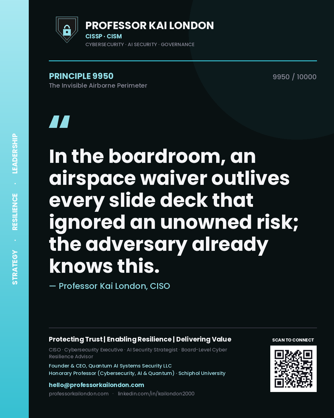 Professor Kai London principle 9950: In the boardroom, an airspace waiver outlives every slide deck that ignored an unowned risk; the adversary already knows this.