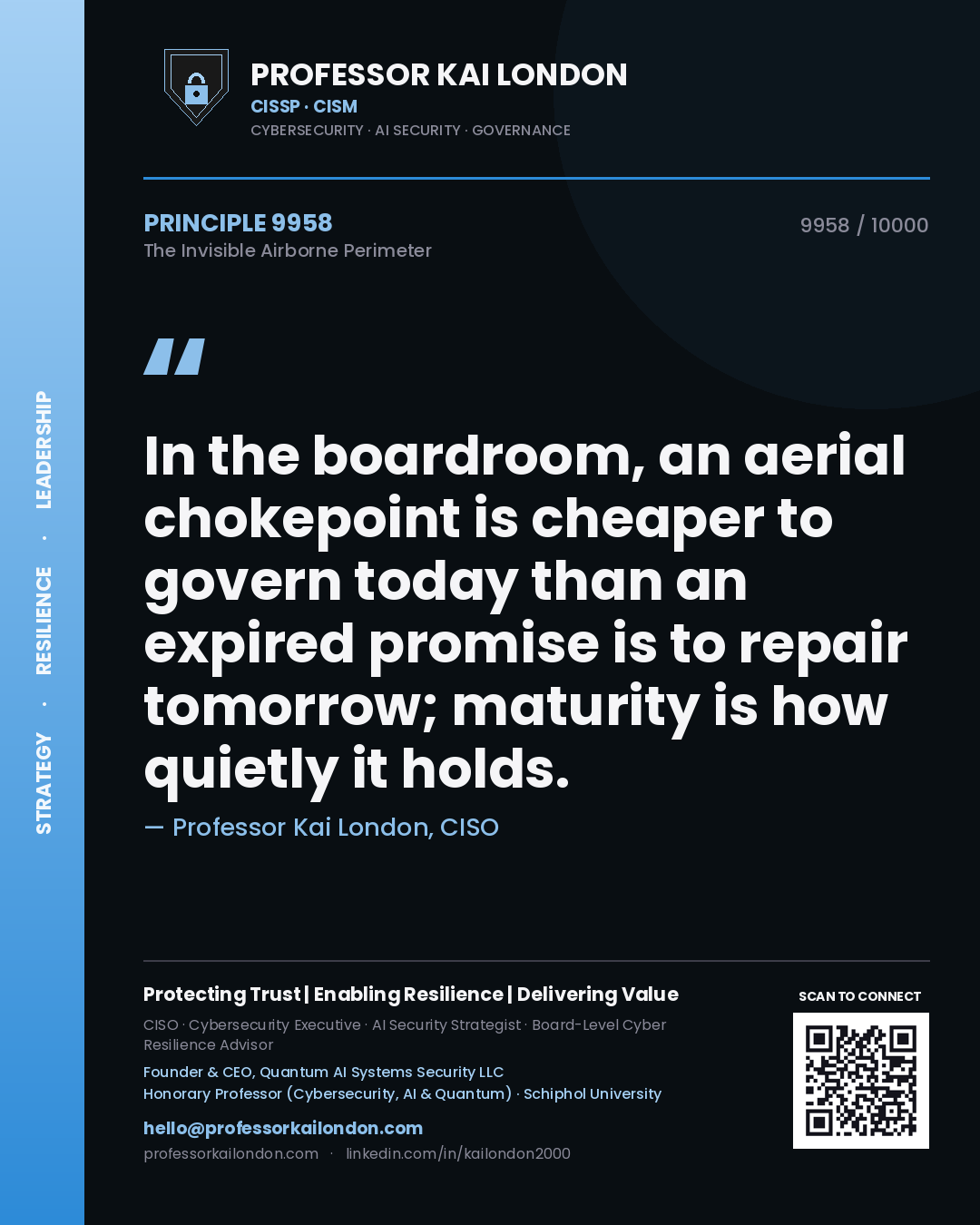 Professor Kai London principle 9958: In the boardroom, an aerial chokepoint is cheaper to govern today than an expired promise is to repair tomorrow; maturity is how quietly it holds.