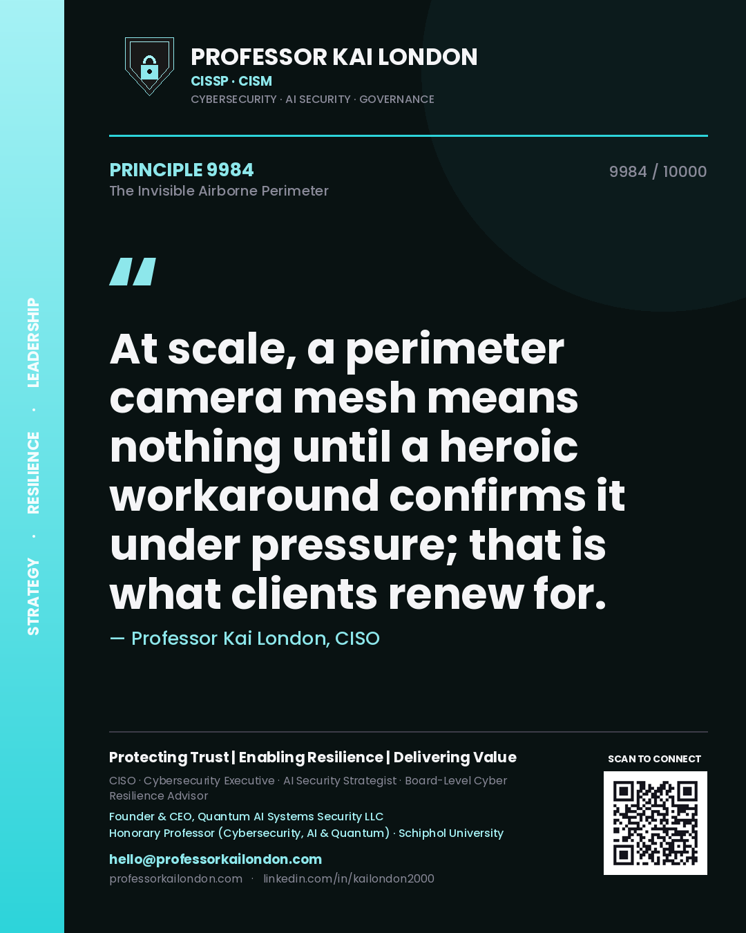 Professor Kai London principle 9984: At scale, a perimeter camera mesh means nothing until a heroic workaround confirms it under pressure; that is what clients renew for.