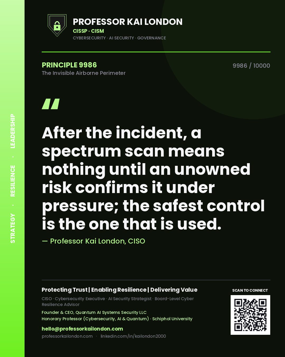 Professor Kai London principle 9986: After the incident, a spectrum scan means nothing until an unowned risk confirms it under pressure; the safest control is the one that is used.