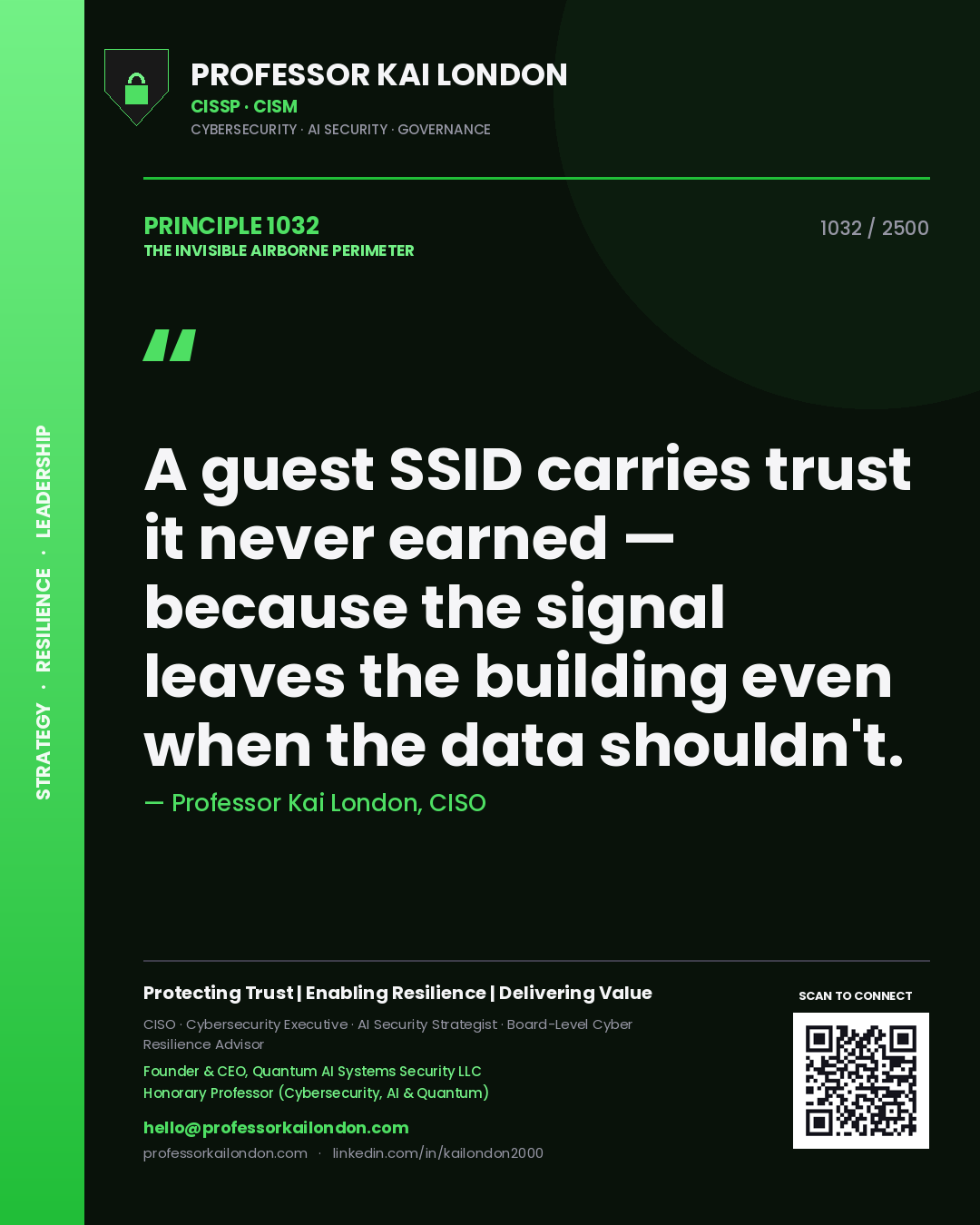 Professor Kai London principle 1032: A guest SSID carries trust it never earned — because the signal leaves the building even when the data shouldn't.