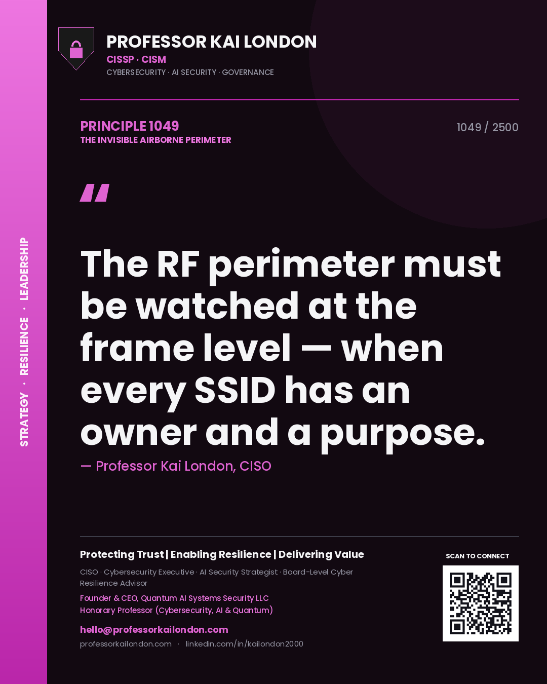 Professor Kai London principle 1049: The RF perimeter must be watched at the frame level — when every SSID has an owner and a purpose.