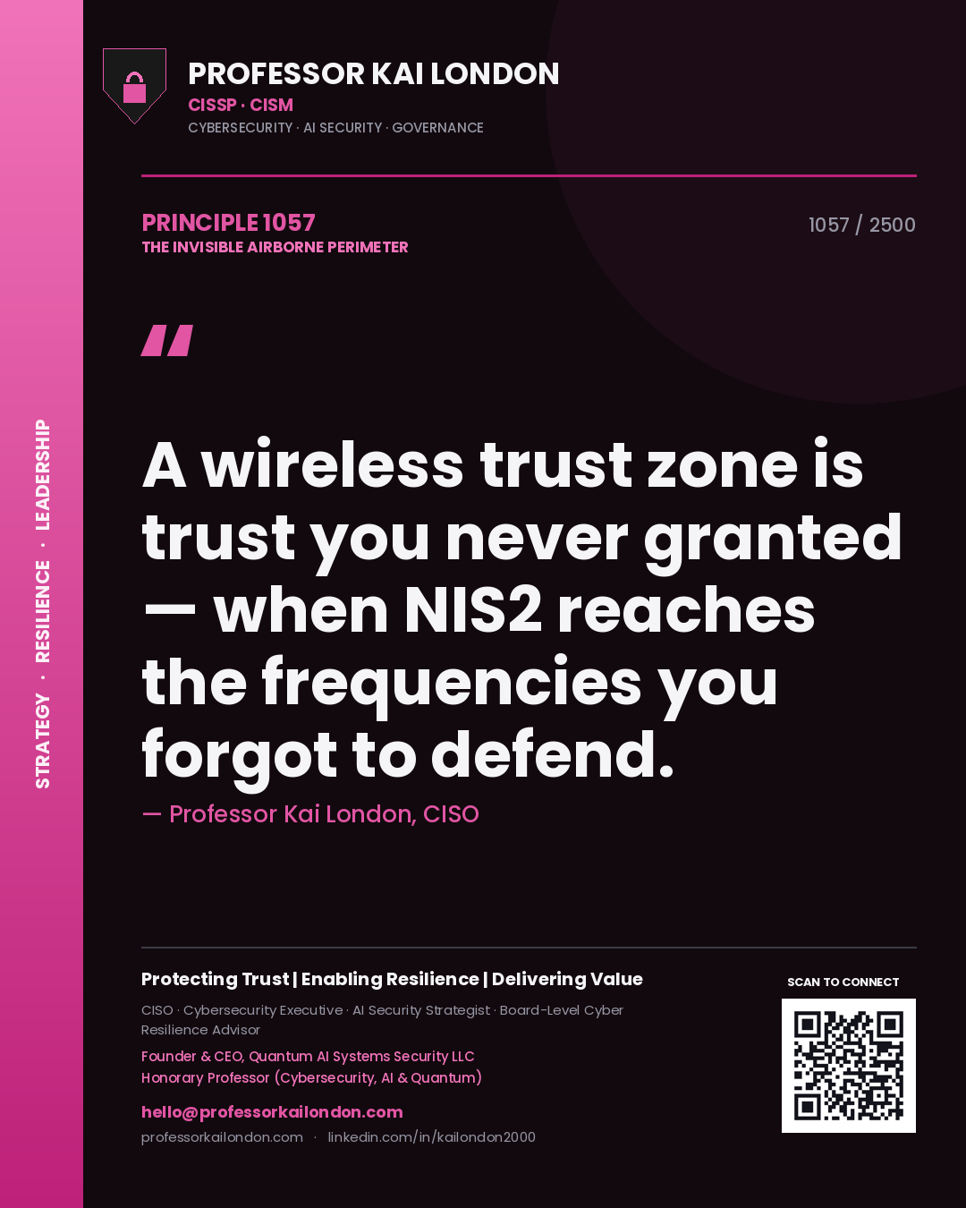 Professor Kai London principle 1057: A wireless trust zone is trust you never granted — when NIS2 reaches the frequencies you forgot to defend.