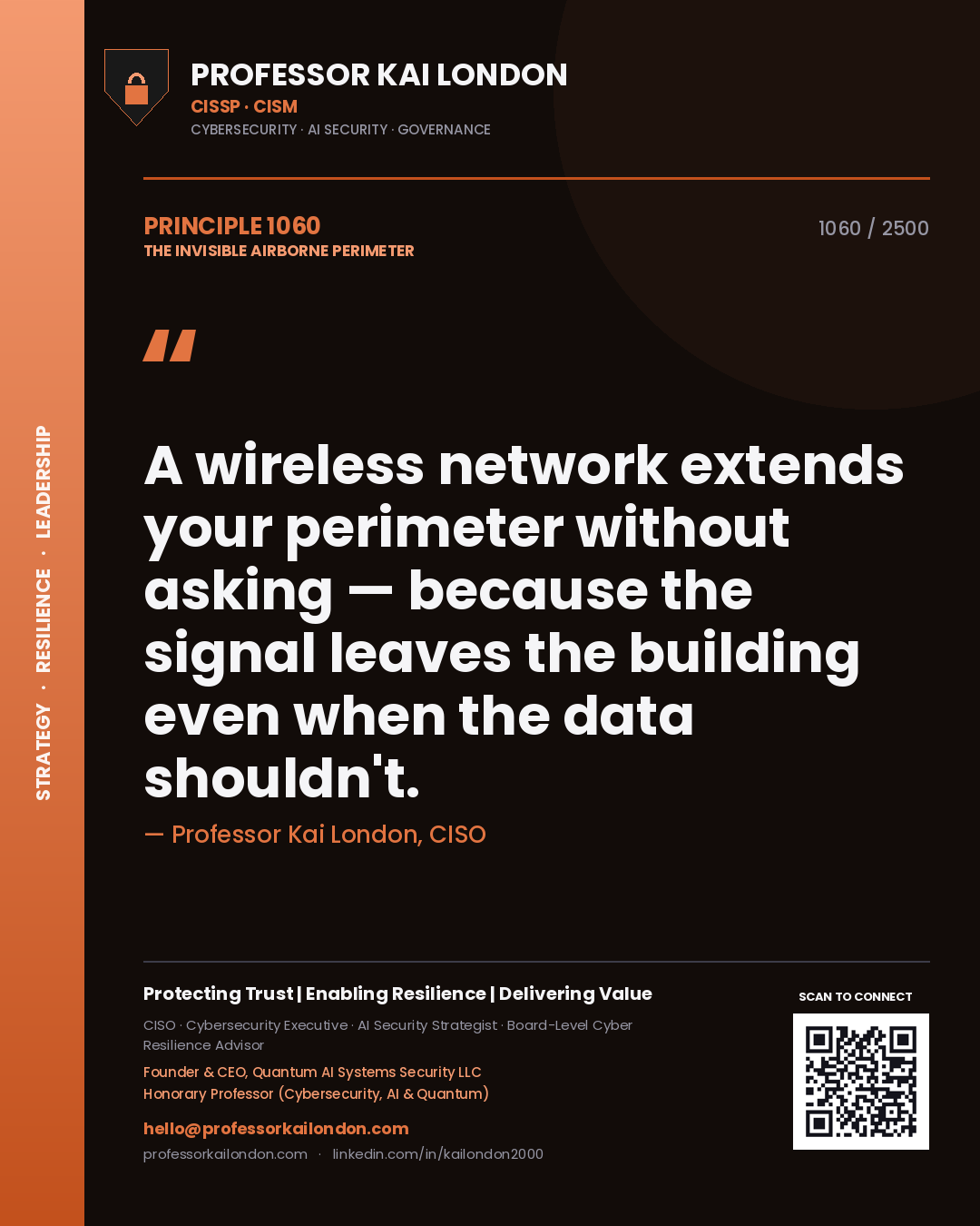 Professor Kai London principle 1060: A wireless network extends your perimeter without asking — because the signal leaves the building even when the data shouldn't.