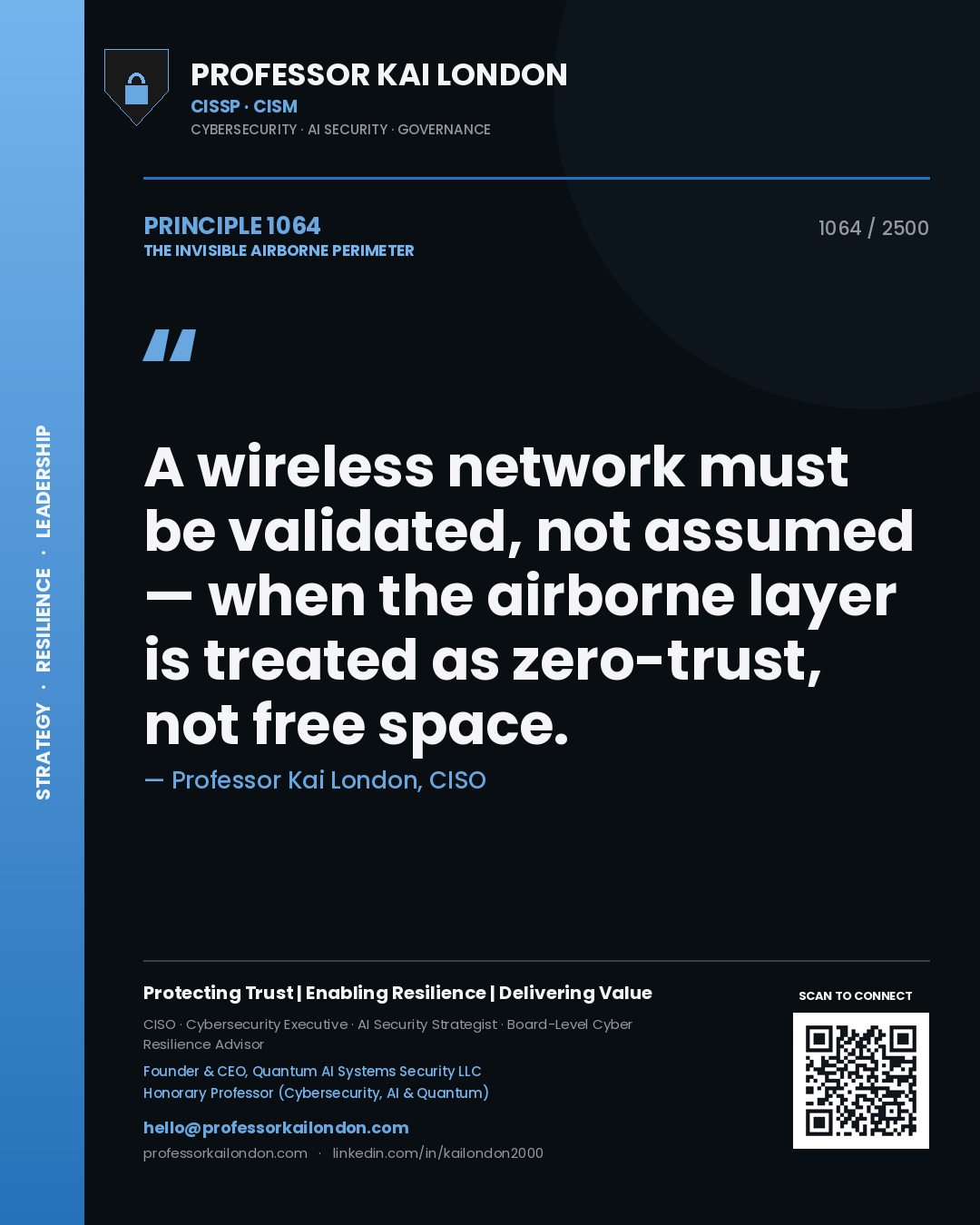 Professor Kai London principle 1064: A wireless network must be validated, not assumed — when the airborne layer is treated as zero-trust, not free space.