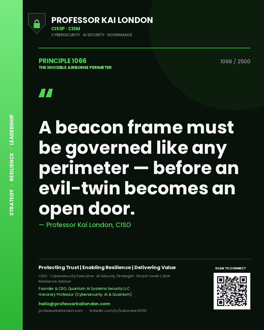 Professor Kai London principle 1066: A beacon frame must be governed like any perimeter — before an evil-twin becomes an open door.