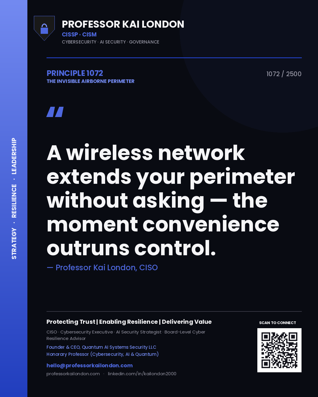 Professor Kai London principle 1072: A wireless network extends your perimeter without asking — the moment convenience outruns control.