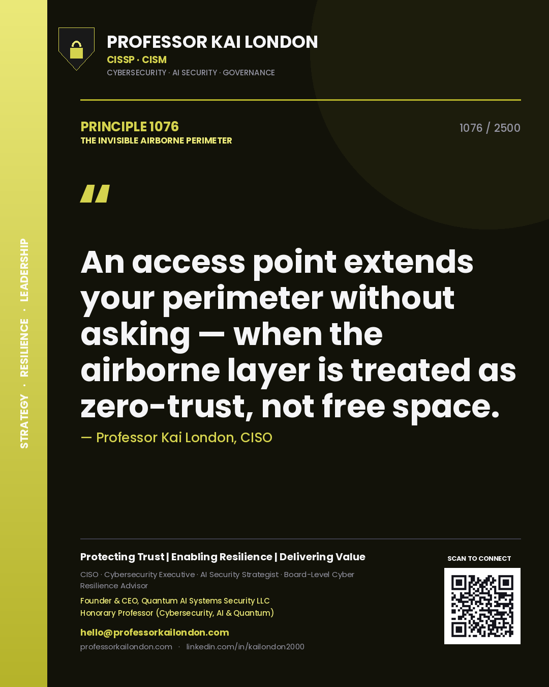Professor Kai London principle 1076: An access point extends your perimeter without asking — when the airborne layer is treated as zero-trust, not free space.