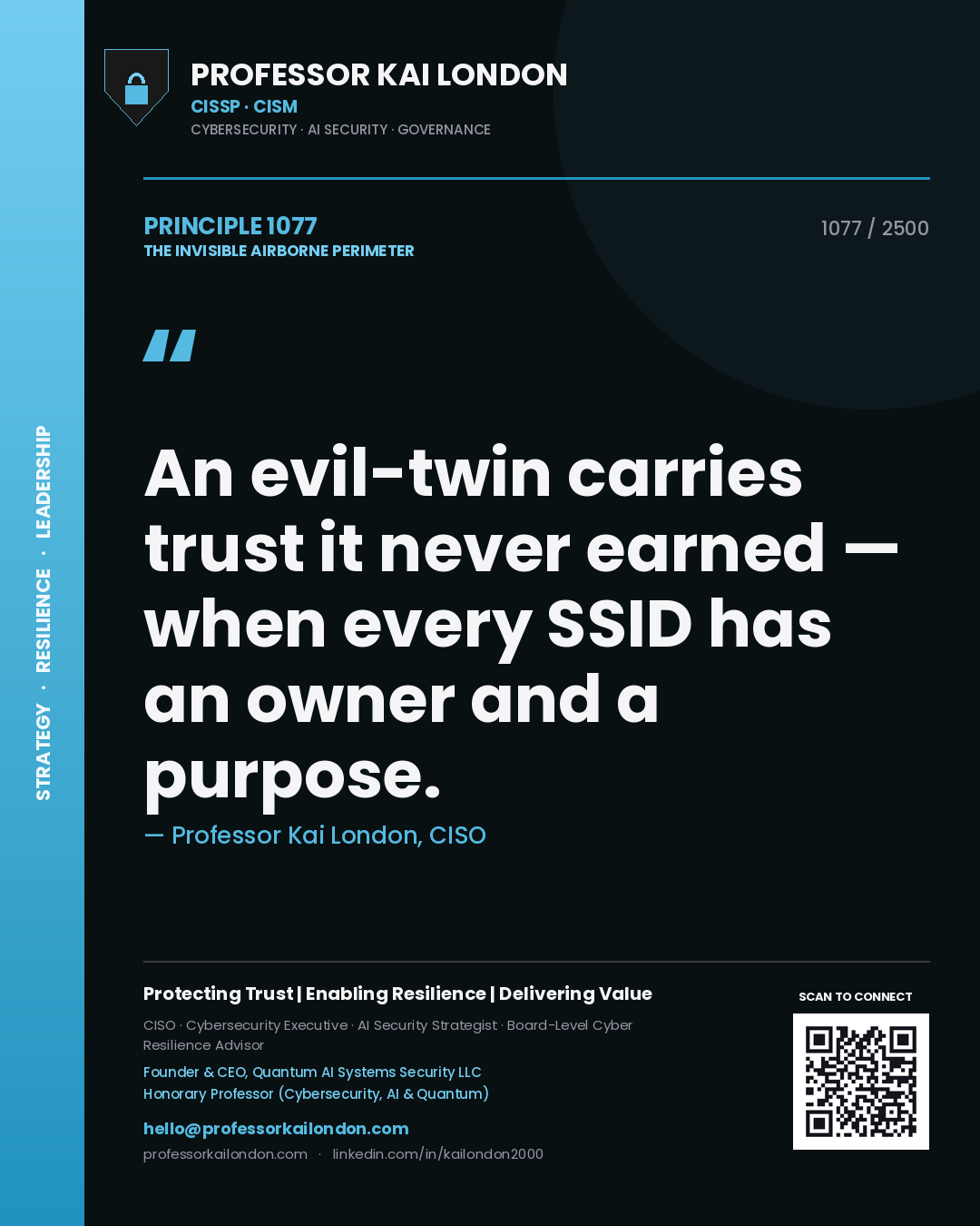 Professor Kai London principle 1077: An evil-twin carries trust it never earned — when every SSID has an owner and a purpose.