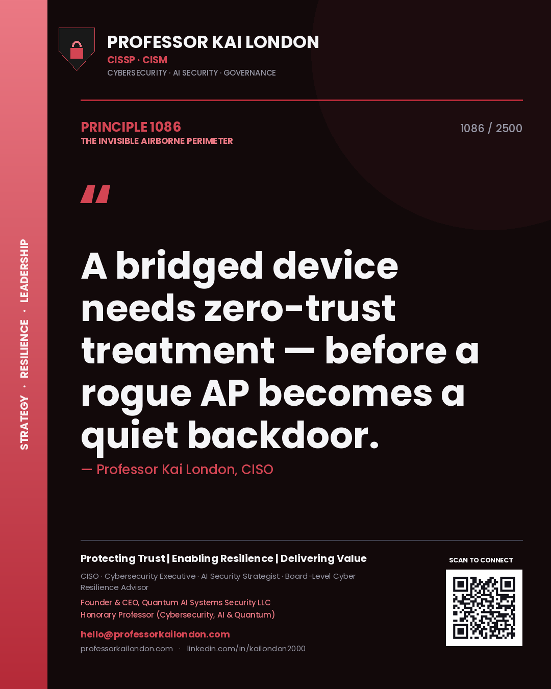 Professor Kai London principle 1086: A bridged device needs zero-trust treatment — before a rogue AP becomes a quiet backdoor.