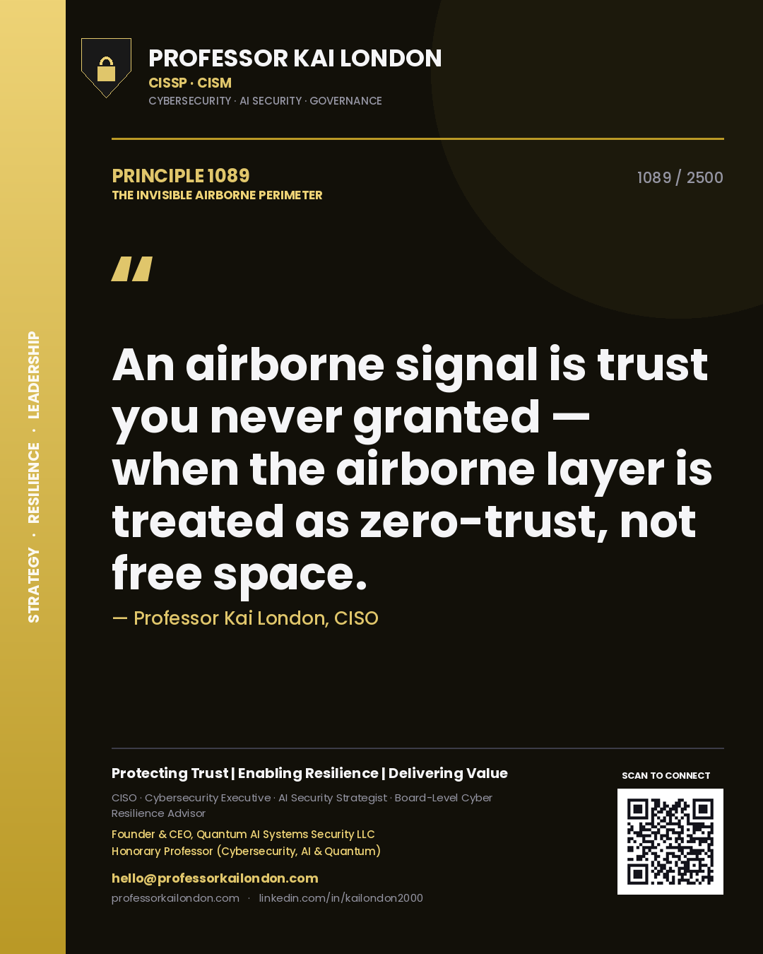 Professor Kai London principle 1089: An airborne signal is trust you never granted — when the airborne layer is treated as zero-trust, not free space.