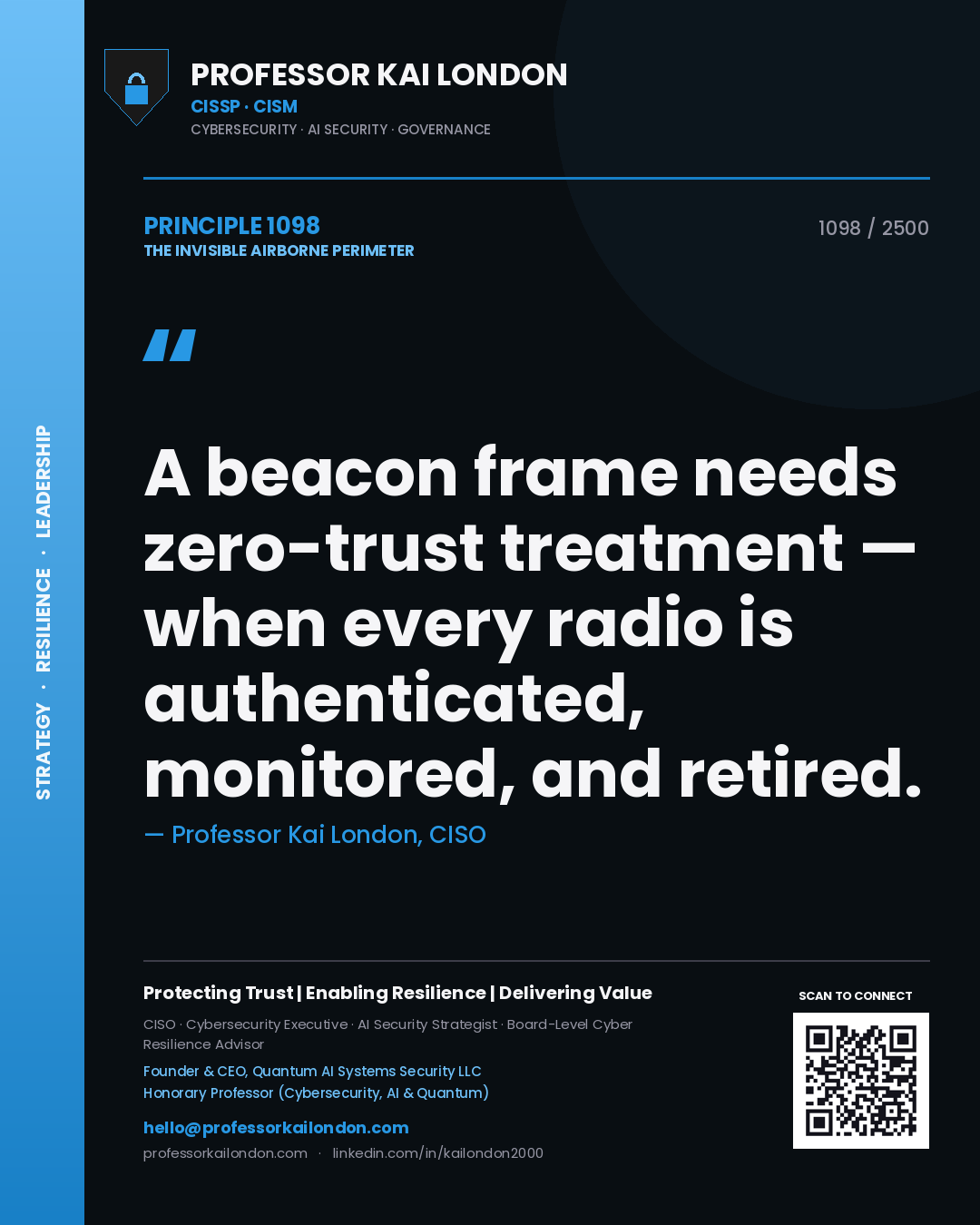 Professor Kai London principle 1098: A beacon frame needs zero-trust treatment — when every radio is authenticated, monitored, and retired.