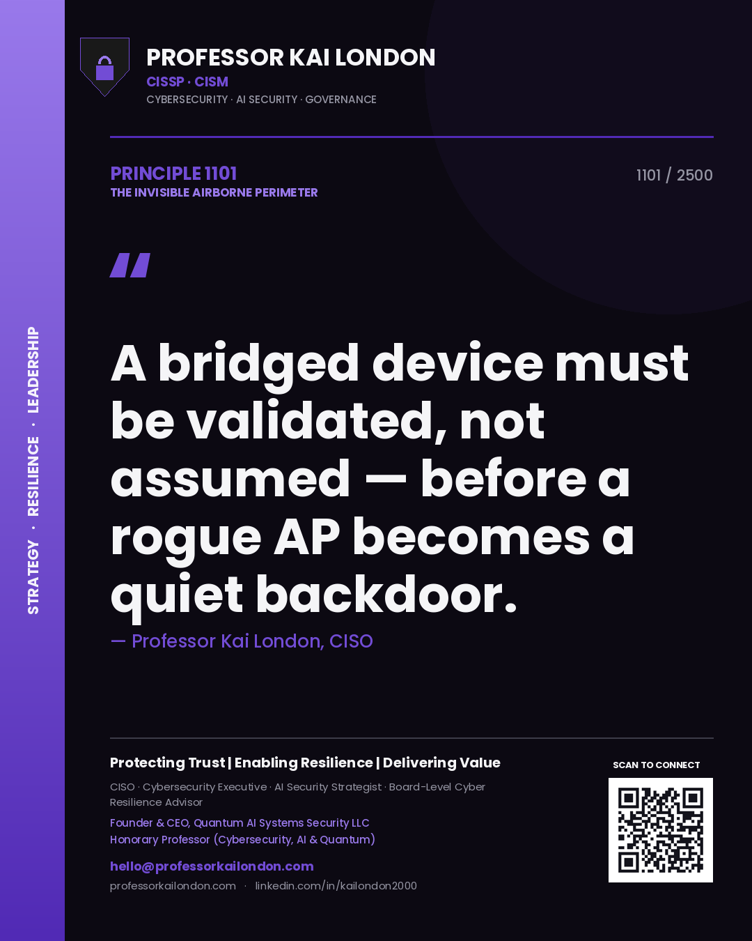 Professor Kai London principle 1101: A bridged device must be validated, not assumed — before a rogue AP becomes a quiet backdoor.