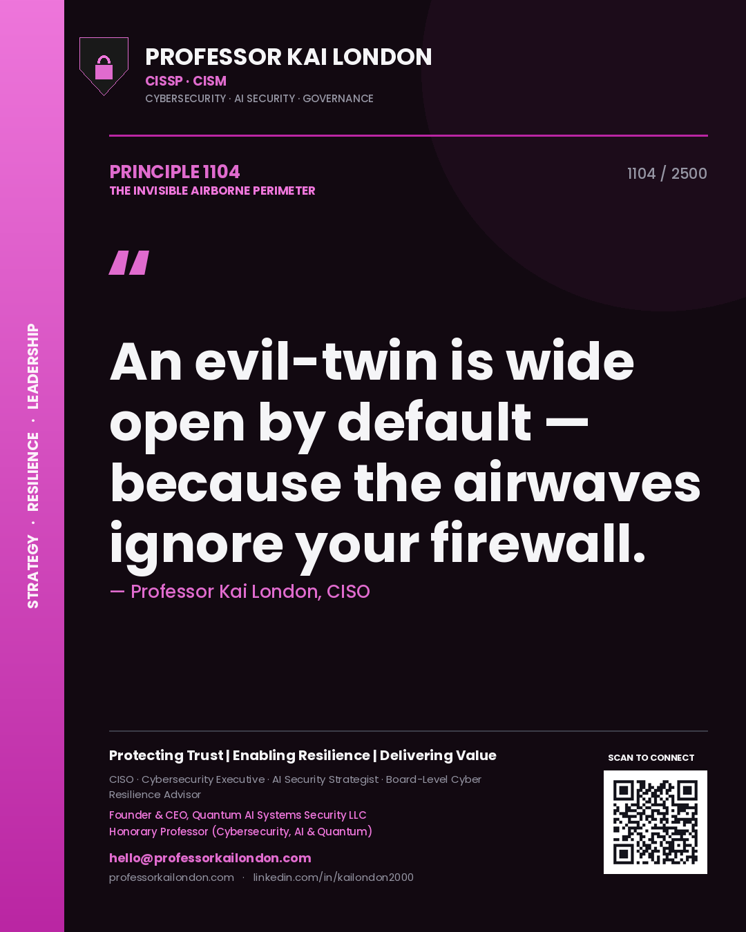 Professor Kai London principle 1104: An evil-twin is wide open by default — because the airwaves ignore your firewall.
