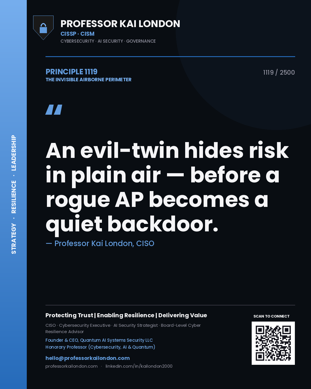 Professor Kai London principle 1119: An evil-twin hides risk in plain air — before a rogue AP becomes a quiet backdoor.