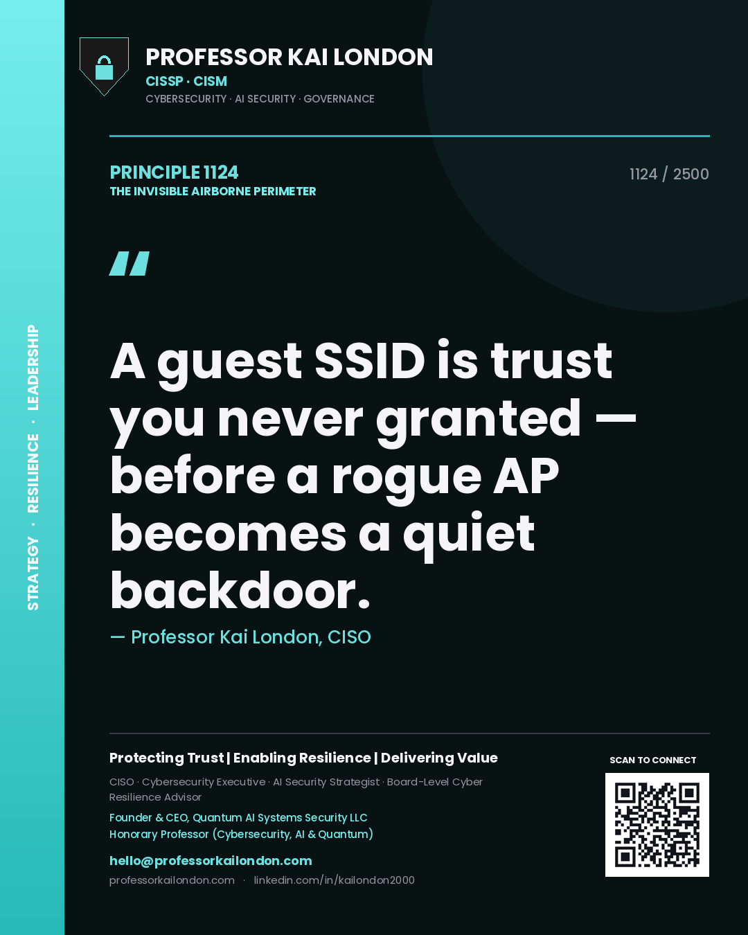 Professor Kai London principle 1124: A guest SSID is trust you never granted — before a rogue AP becomes a quiet backdoor.