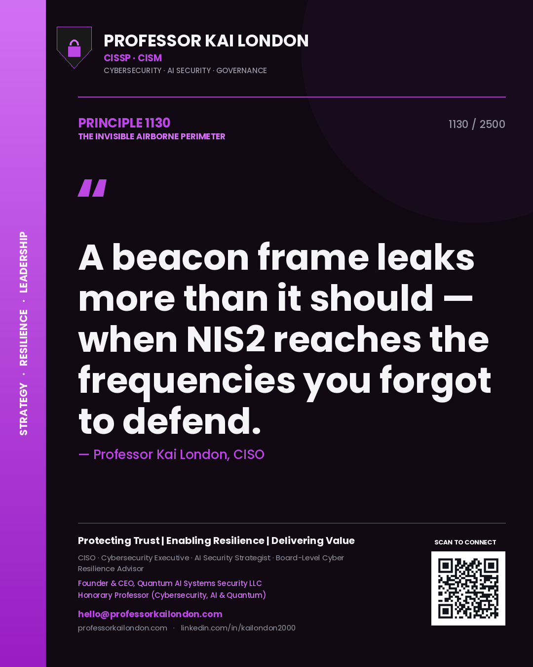 Professor Kai London principle 1130: A beacon frame leaks more than it should — when NIS2 reaches the frequencies you forgot to defend.