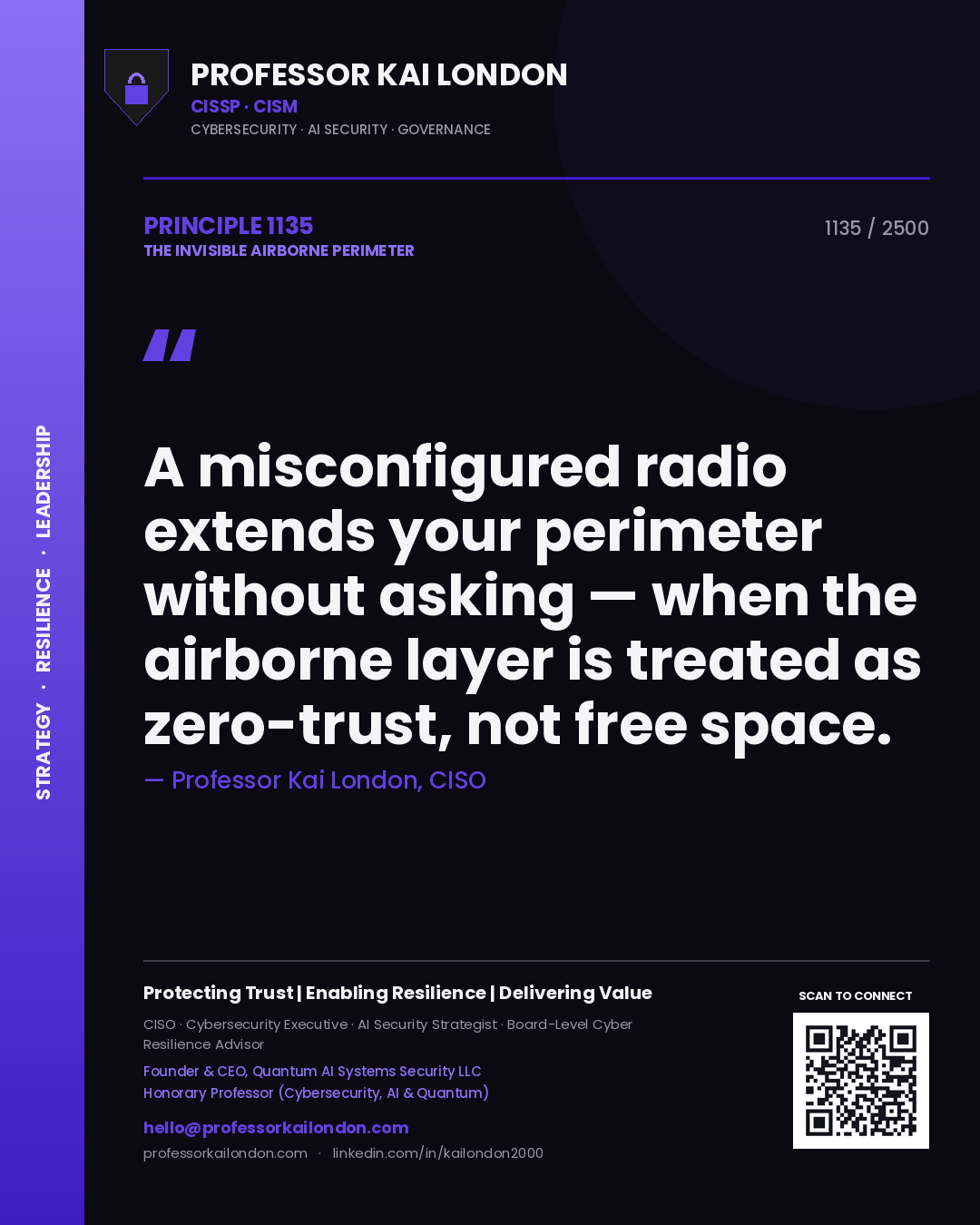 Professor Kai London principle 1135: A misconfigured radio extends your perimeter without asking — when the airborne layer is treated as zero-trust, not free space.