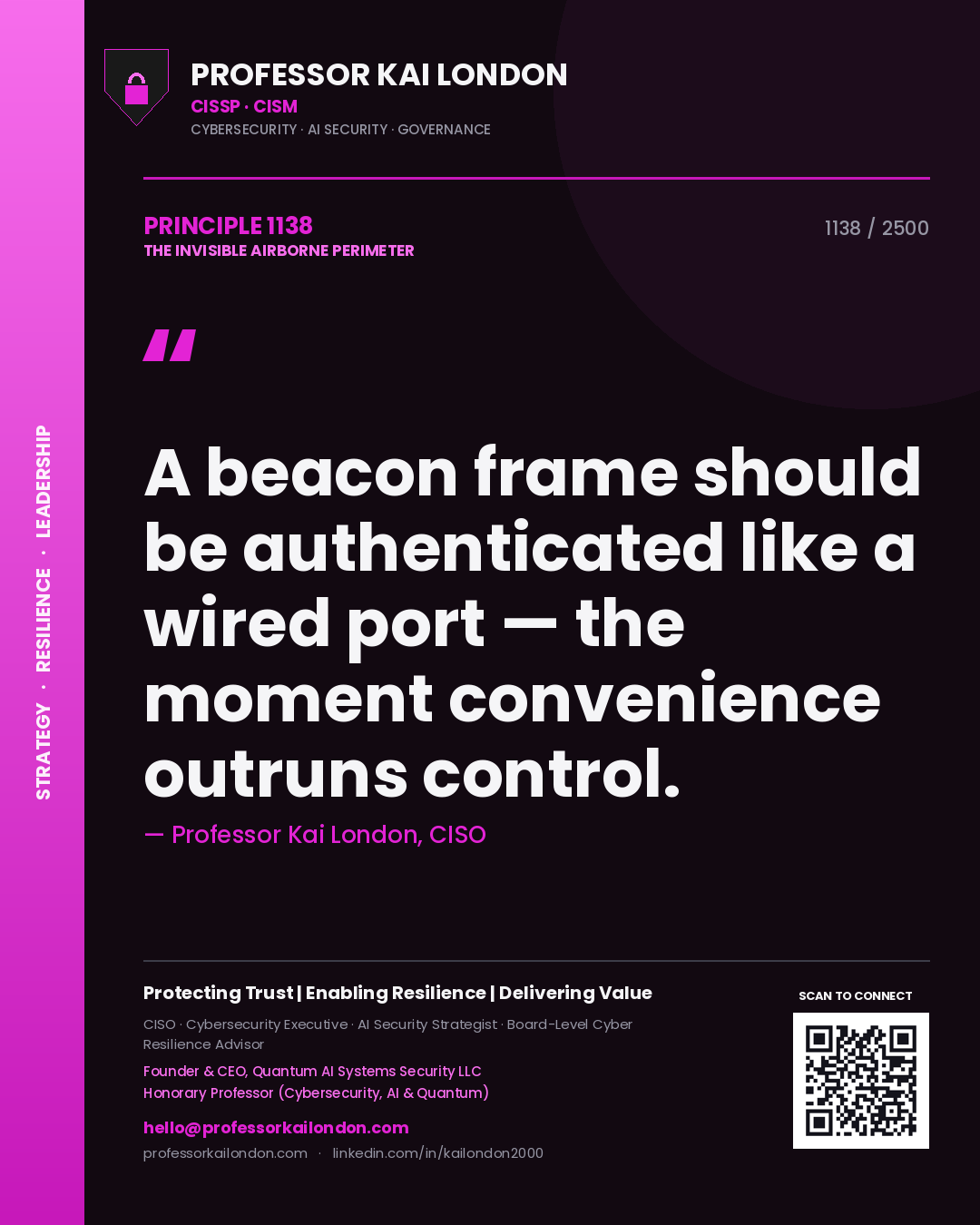 Professor Kai London principle 1138: A beacon frame should be authenticated like a wired port — the moment convenience outruns control.