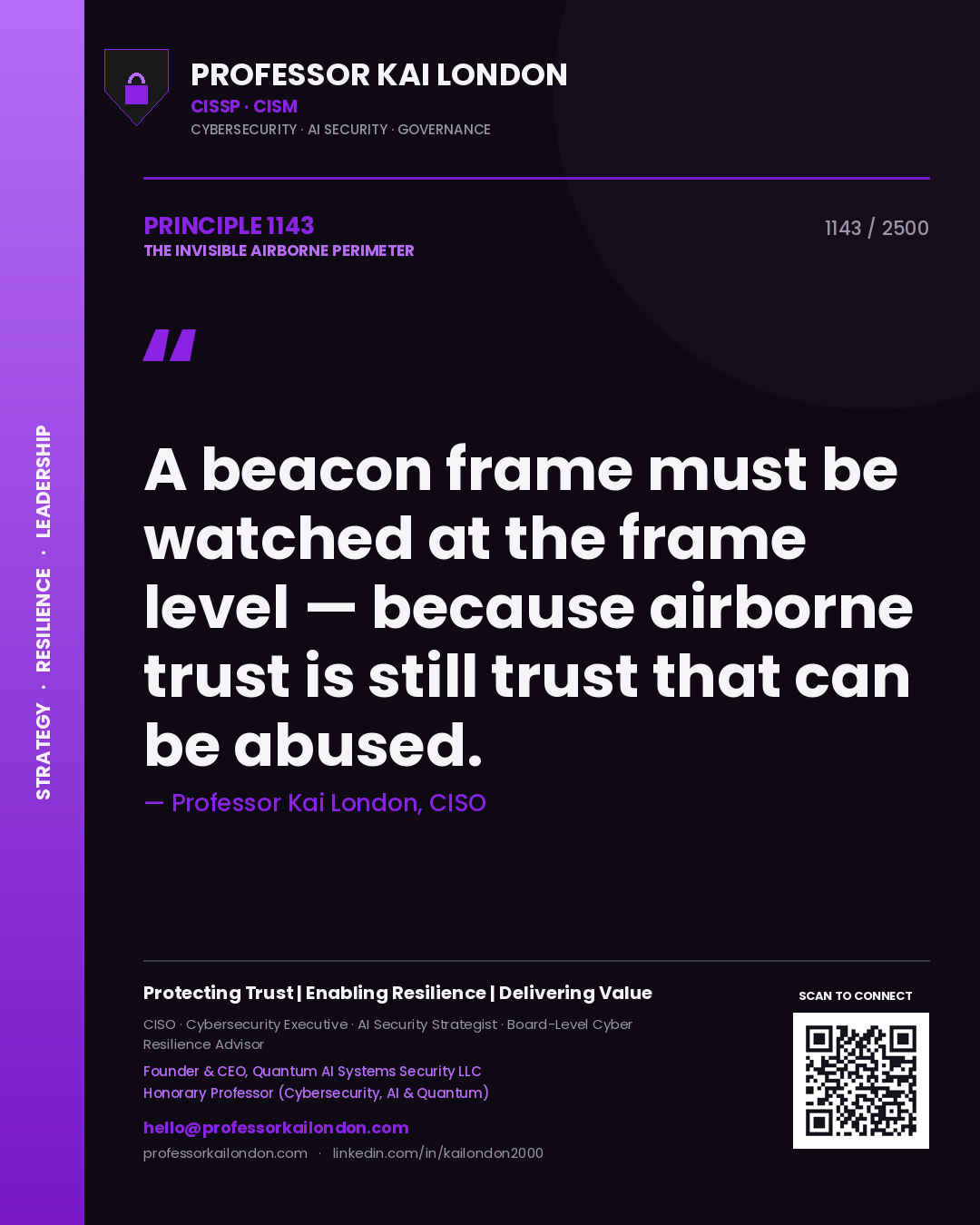 Professor Kai London principle 1143: A beacon frame must be watched at the frame level — because airborne trust is still trust that can be abused.