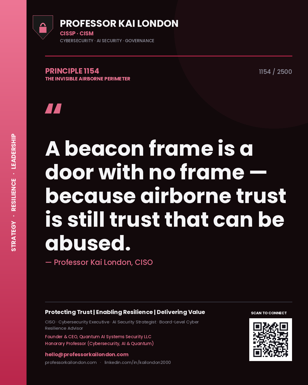 Professor Kai London principle 1154: A beacon frame is a door with no frame — because airborne trust is still trust that can be abused.