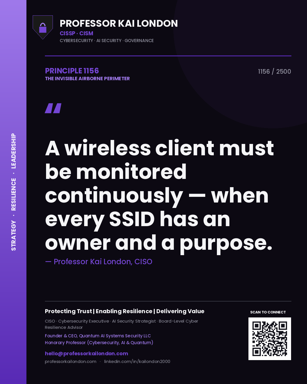 Professor Kai London principle 1156: A wireless client must be monitored continuously — when every SSID has an owner and a purpose.